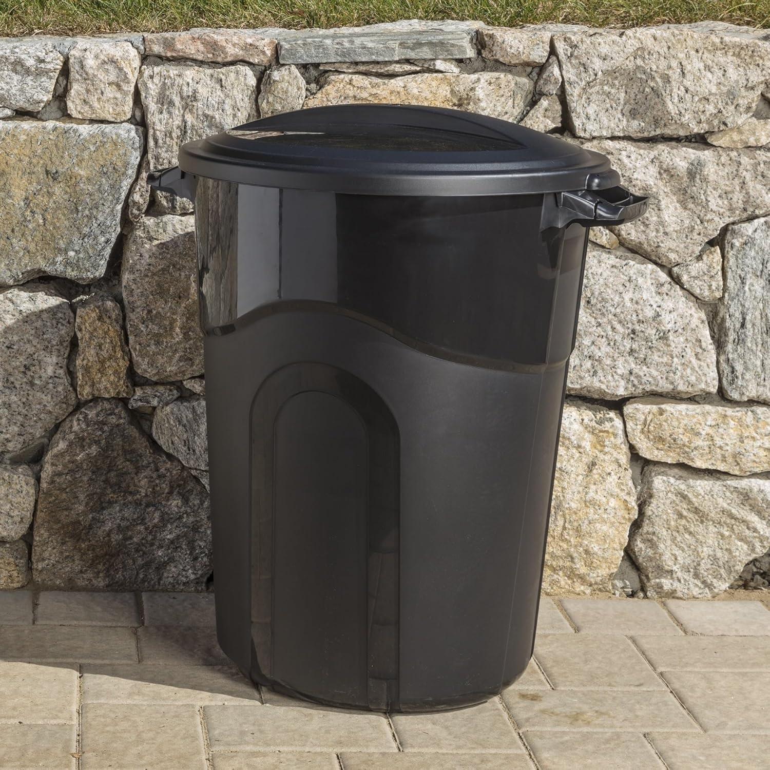 32 Gallon Black Plastic Outdoor Trash Can with Lid