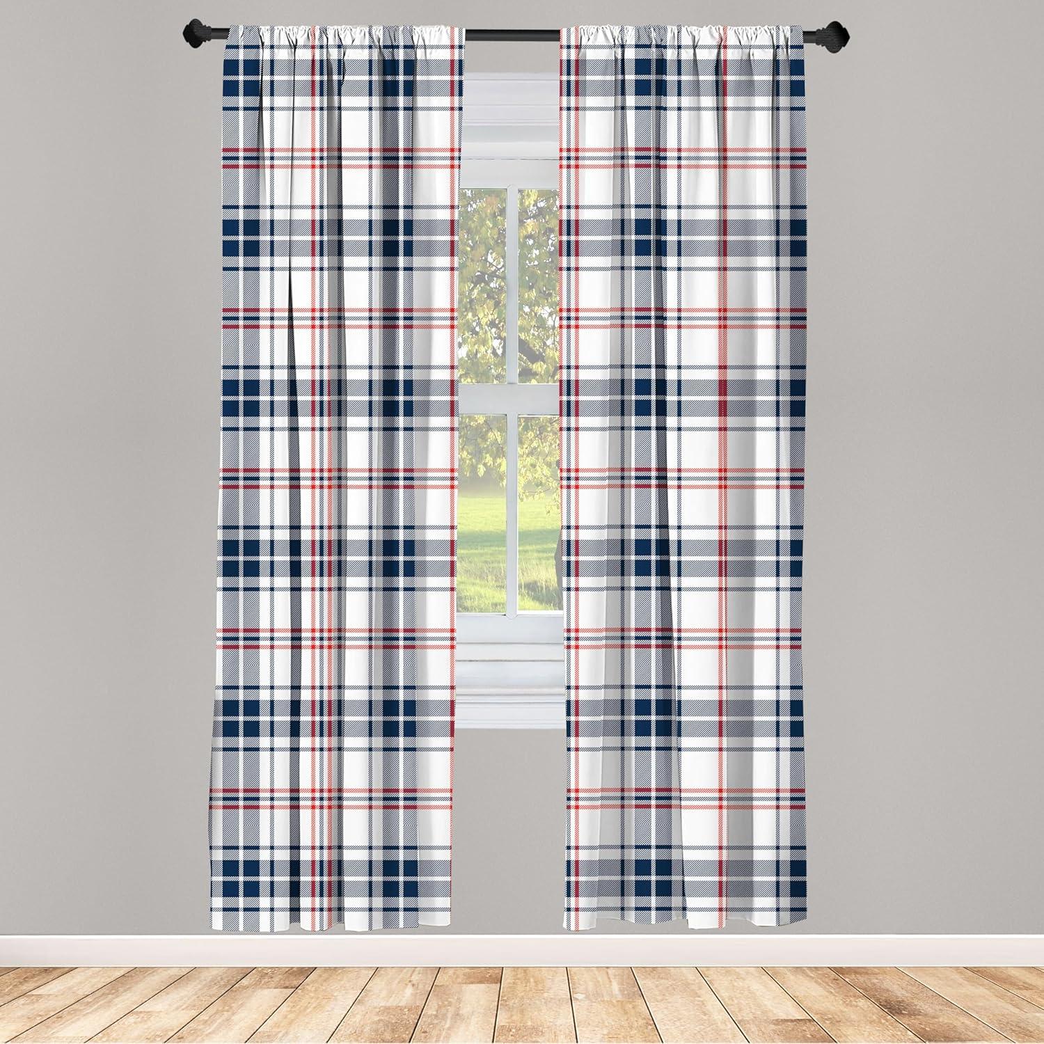 Ambesonne Plaid Curtains, British Country Pattern, Pair of 28"x84", Vermilion Navy Blue