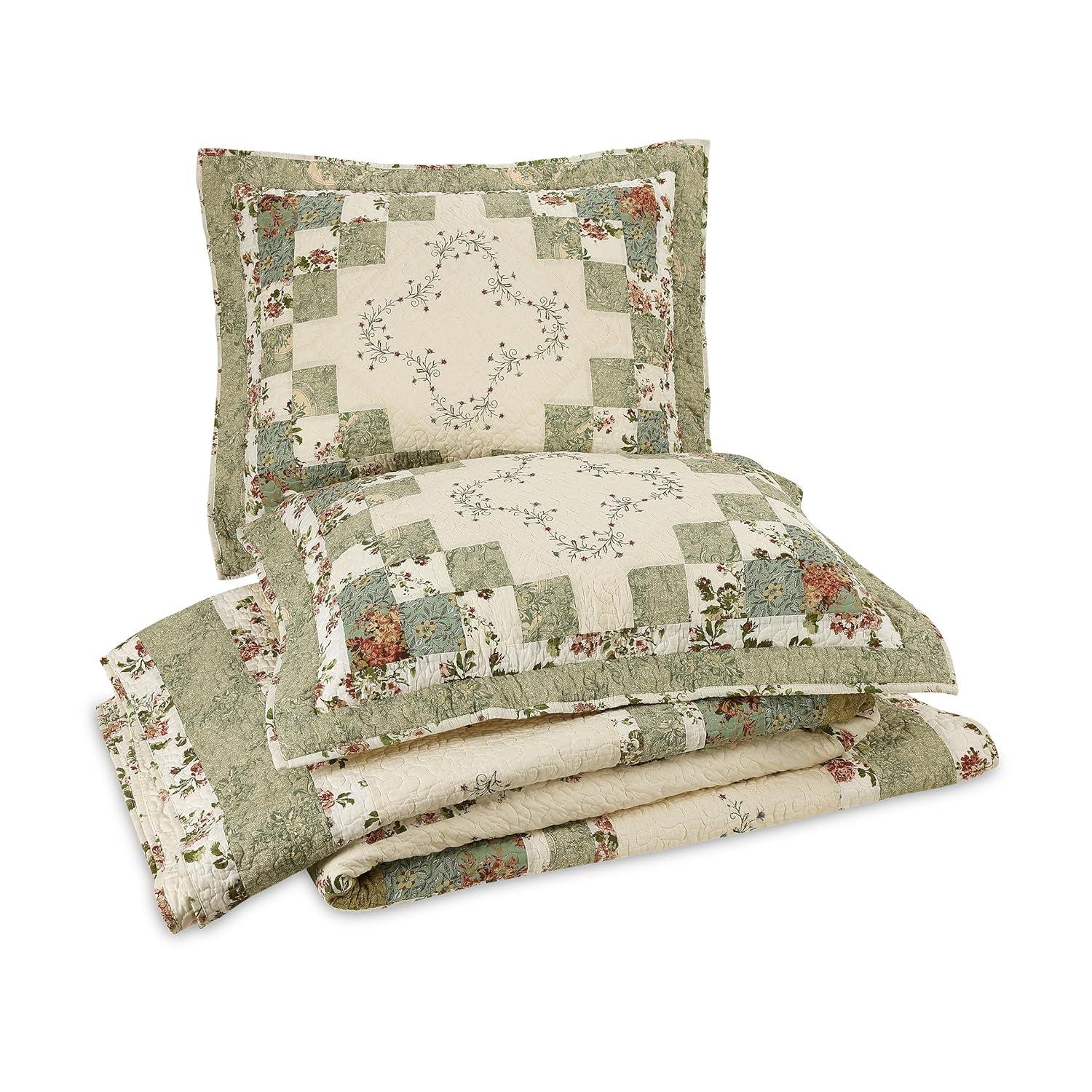 Modern Heirloom Olivia Floral Embroidered Patchwork 3-Piece Quilt Set