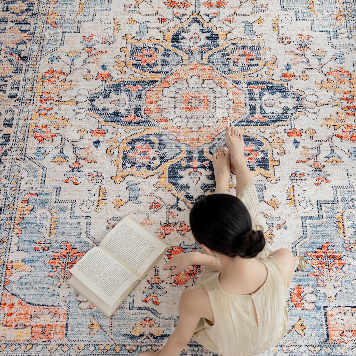 VK VK·LIVING 9x12 Area Rug Washable Rugs for Living Room Rug Vintage Design Boho Rug with Non Slip Living Room Rug Bedroom Carpet Stain Resistant, Home Decor, Blue&Orange