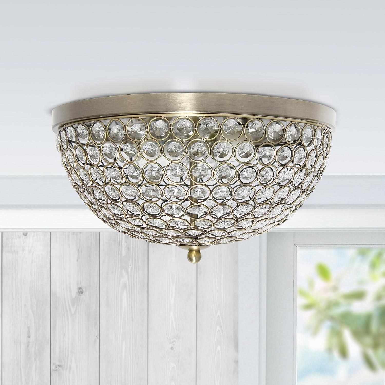 Elegant Designs Elipse Crystal 13" Modern Metal 2 Light Bowl Shaped Ceiling Flush Mount Fixture, Antique Brass