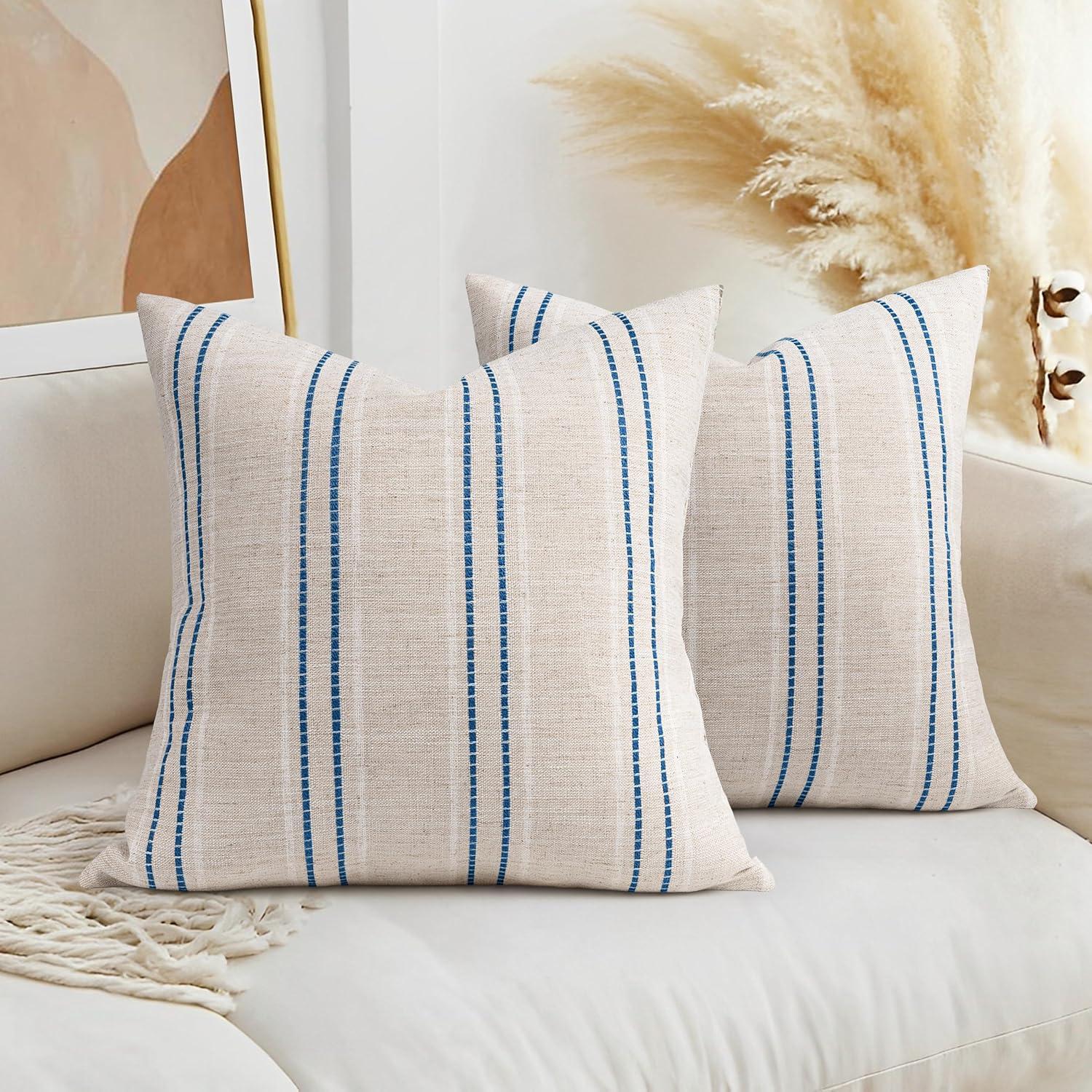 Beige and Navy Blue Farmhouse Stripe 18" Pillow Covers Set