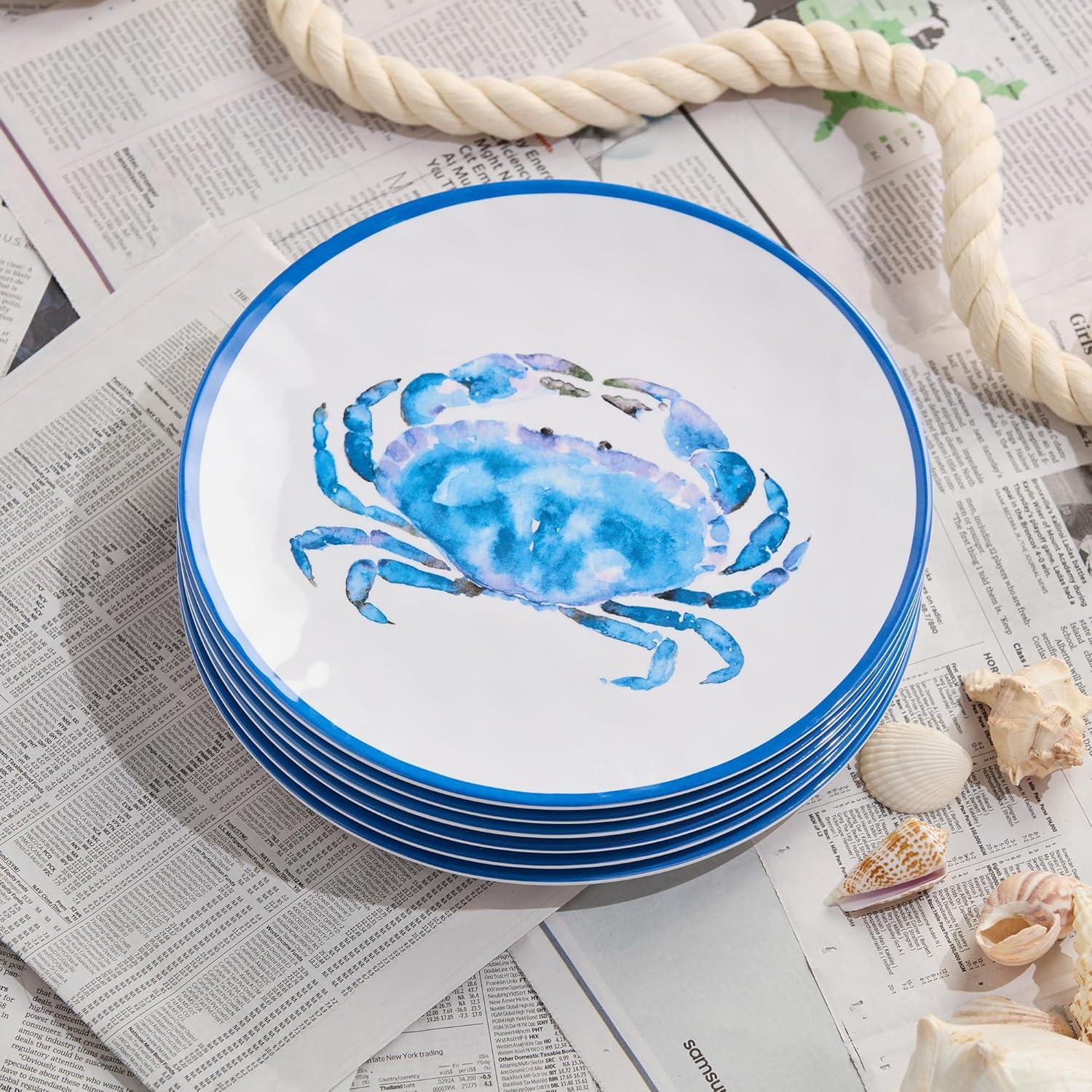 Blue Crab Melamine 11-Inch Dinner Plates Set for Coastal Dining