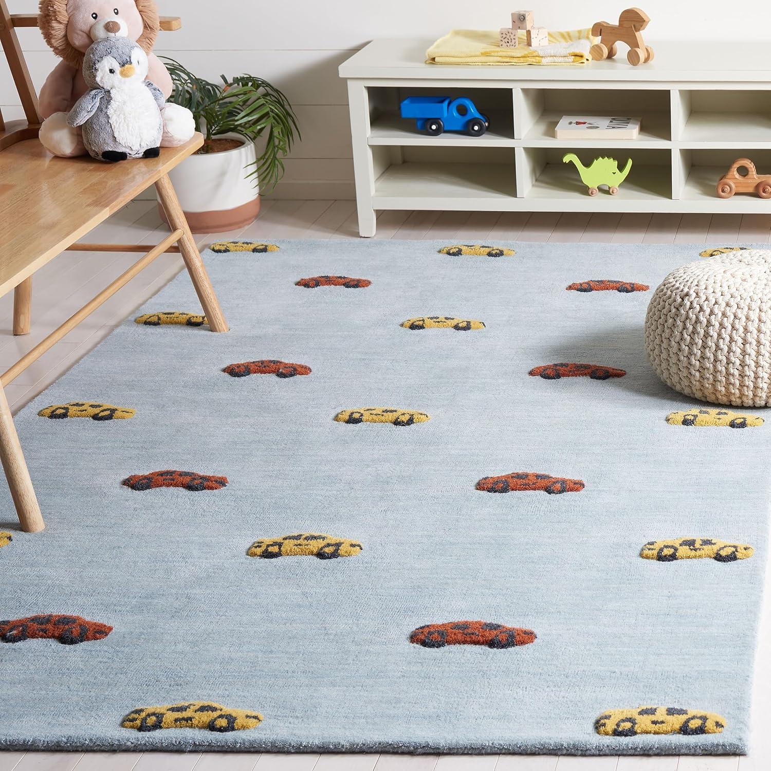 SAFAVIEH Kids Cars Stripes Area Rug, Light Blue/Yellow, 3' x 5'