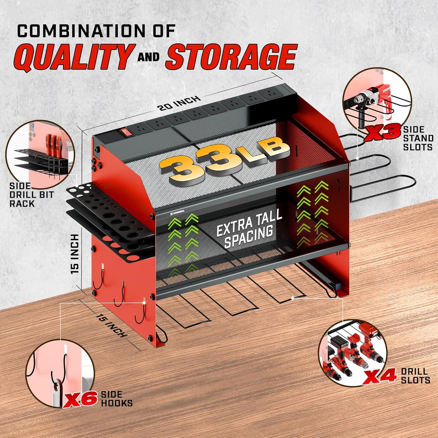 Modular Power Tool Organizer Wall Mount and Tool Charging Station. Garage 4 Drill Storage Shelf with Hooks, Heavy Duty Drill Holder Wall Mount, Tool Battery Holder Built in 8 Outlet Power Strip