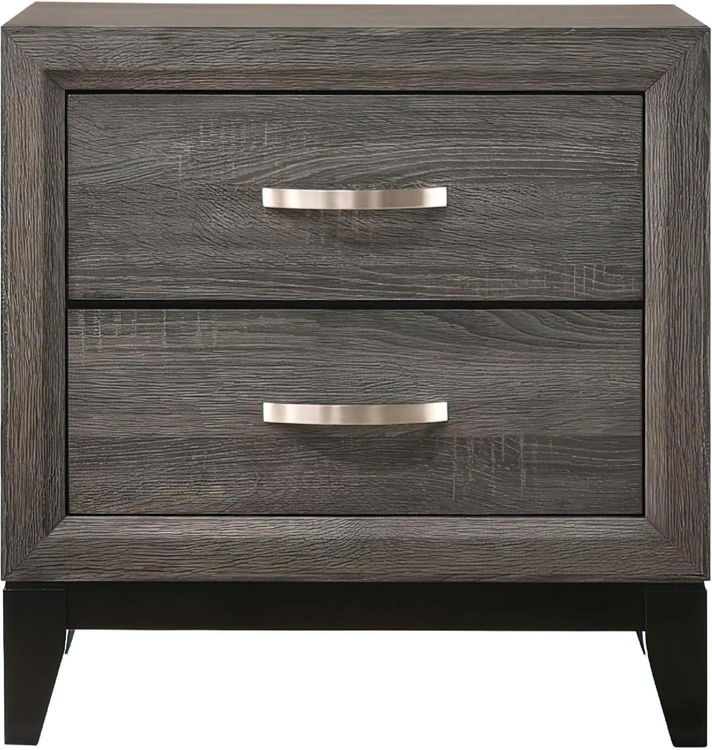 Gray Wood Grain 2 Drawer Nightstand with Metal Handles