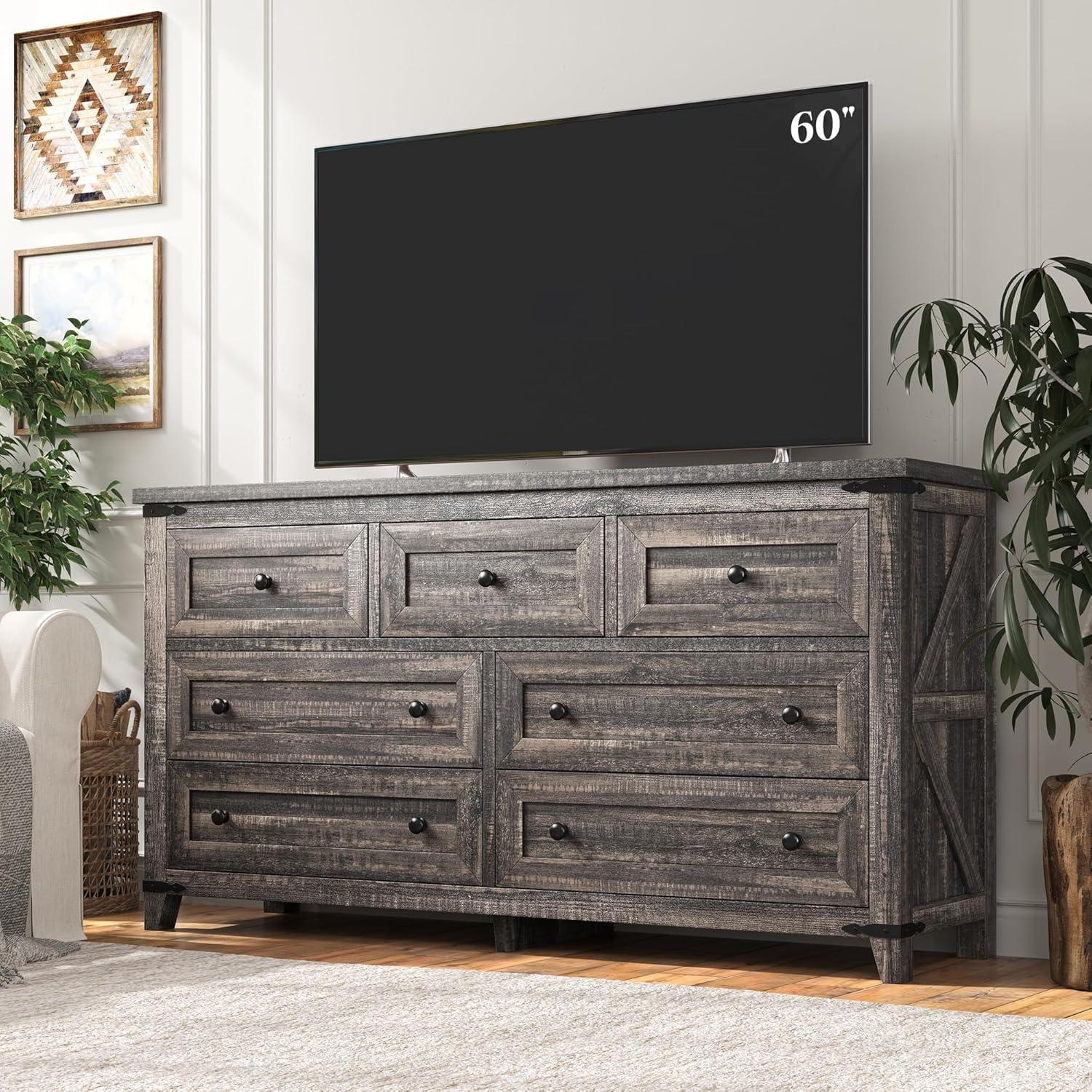 Dark Rustic Oak Farmhouse 7-Drawer Wood Dresser