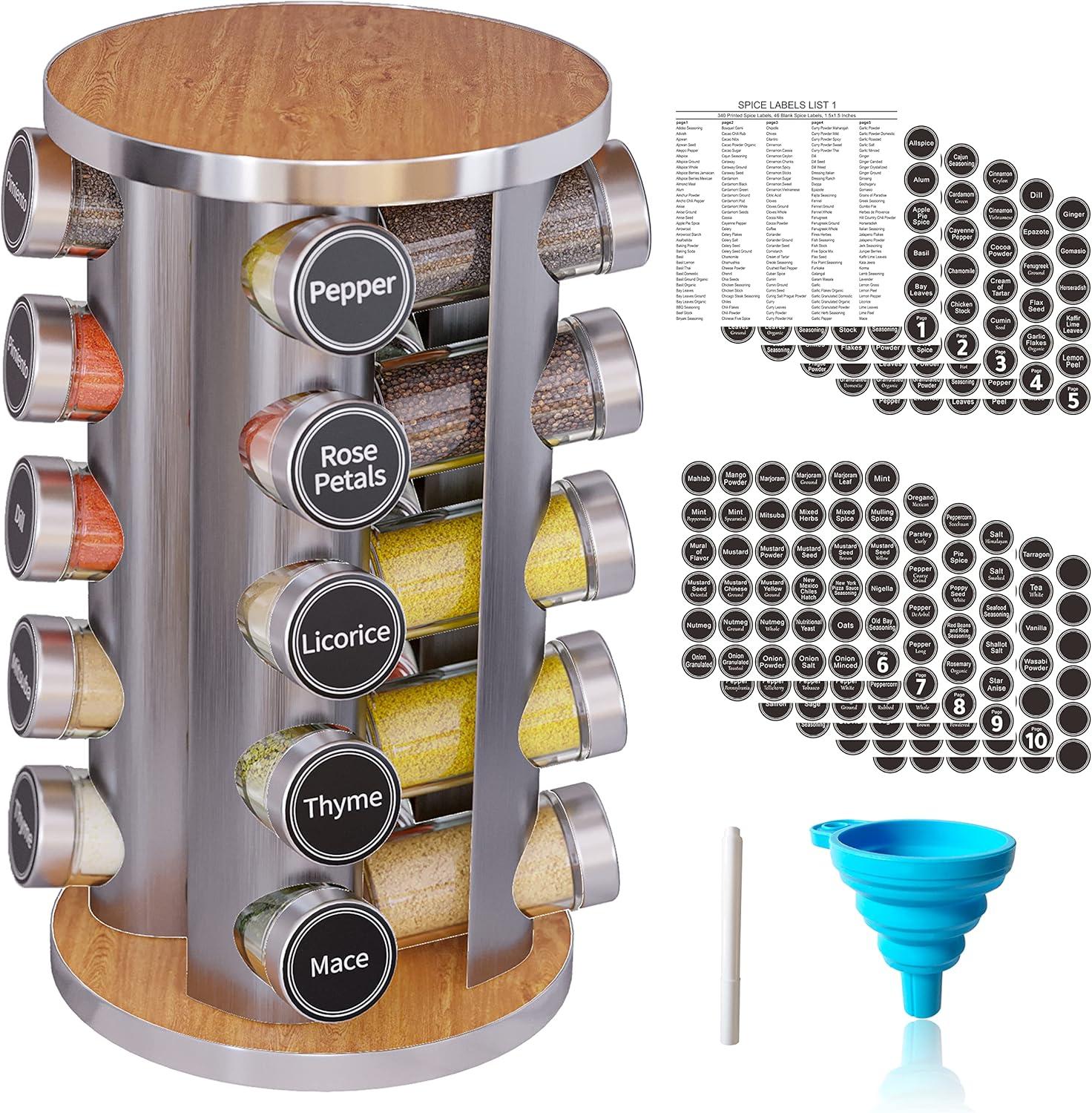New England Stories Revolving Spice Rack Set with 20 Spice Jars - Kitchen Spice Tower Organizer for Countertop or Cabinet, Includes 386 Spice Labels, Rotating Desktop Seasoning Organizer