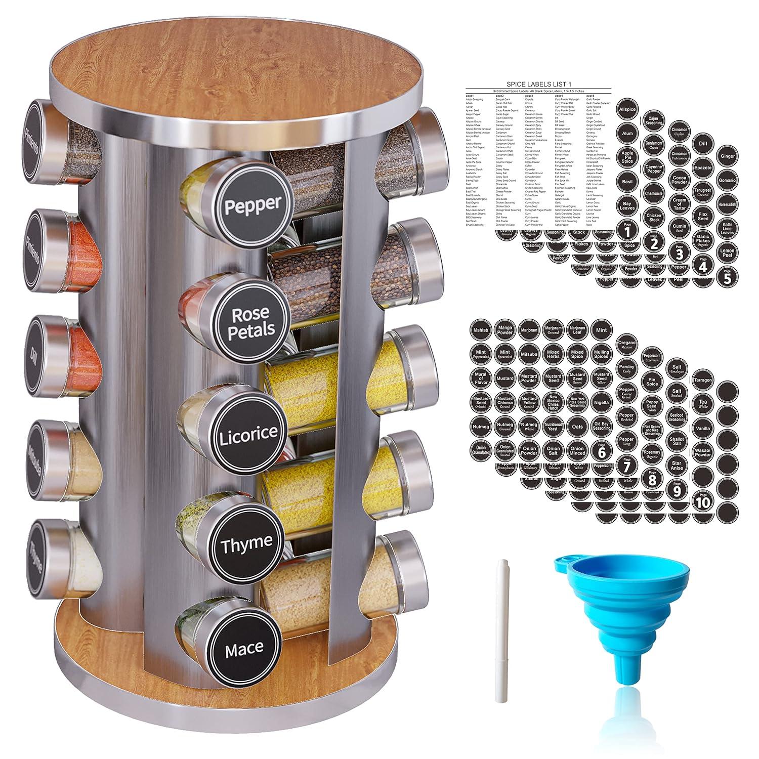 New England Stories Revolving Spice Rack Set with 20 Spice Jars - Kitchen Spice Tower Organizer for Countertop or Cabinet, Includes 386 Spice Labels, Rotating Desktop Seasoning Organizer
