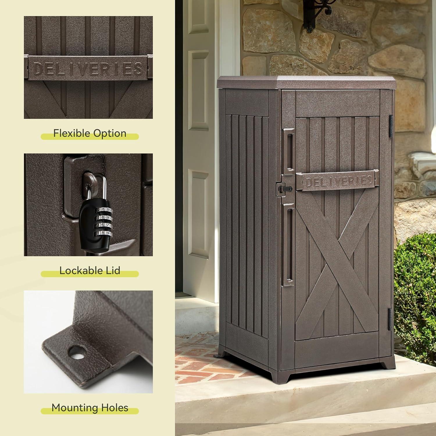 60 Gallon Large Package Delivery and Storage Box with Lockable Secure, Double-Wall Resin Outdoor Package Delivery Deck Box for Porch, Curbside, 8.5 Cubic feet, Brown