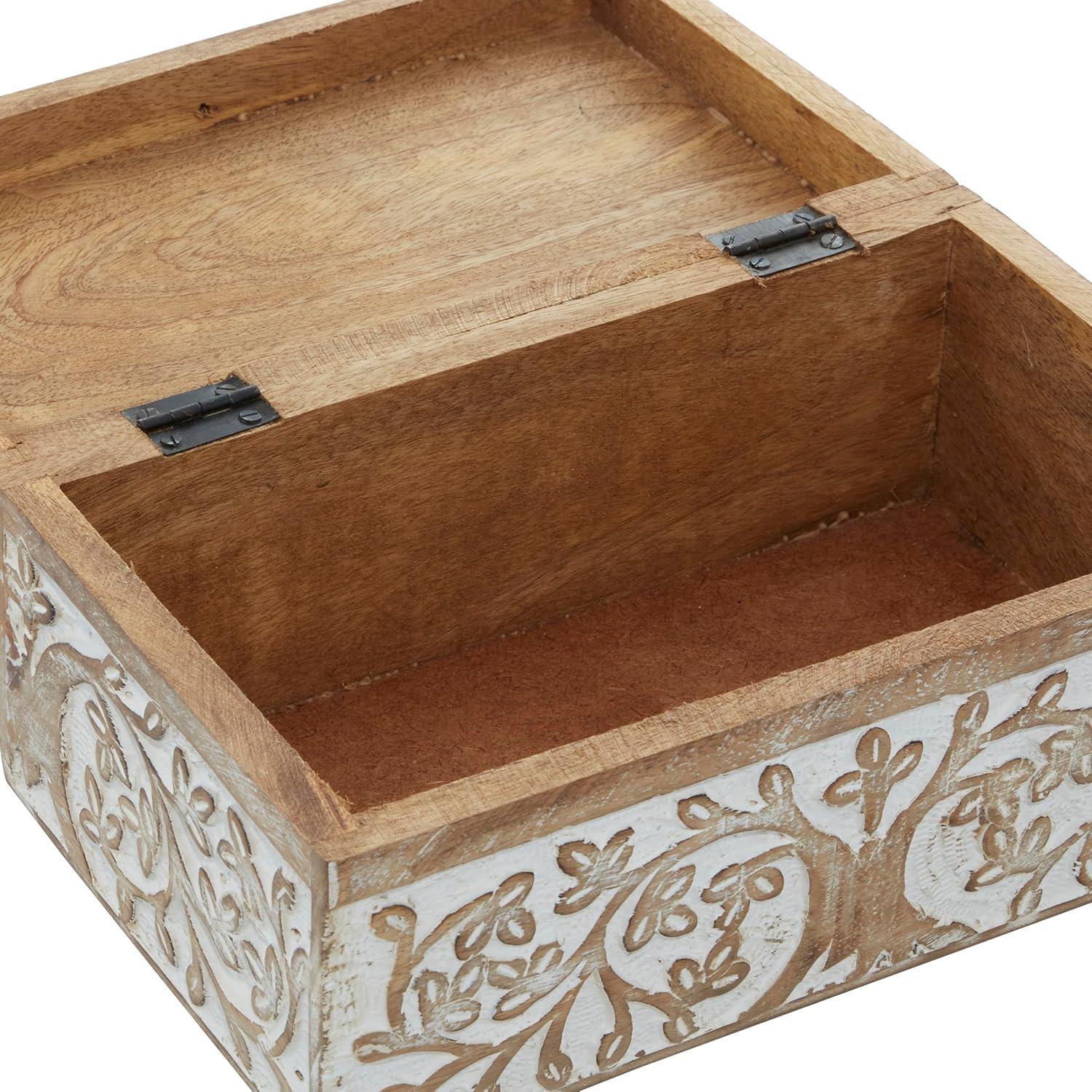 DecMode Floral Brown Mango Wood Decorative Box with Hinged Lid, 3 Count