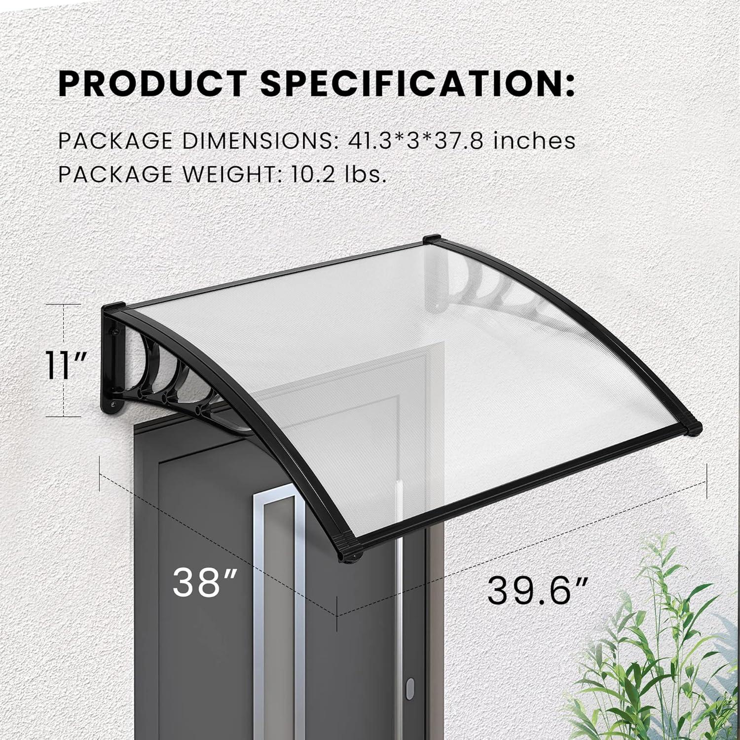 Transparent Polycarbonate Window Door Awning with Black Bracket 40" x 40"