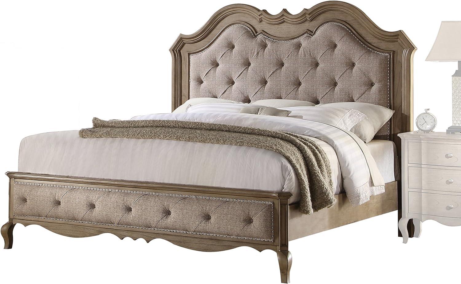 Elegant Beige Fabric Queen Bed with Tufted Nailhead Upholstery