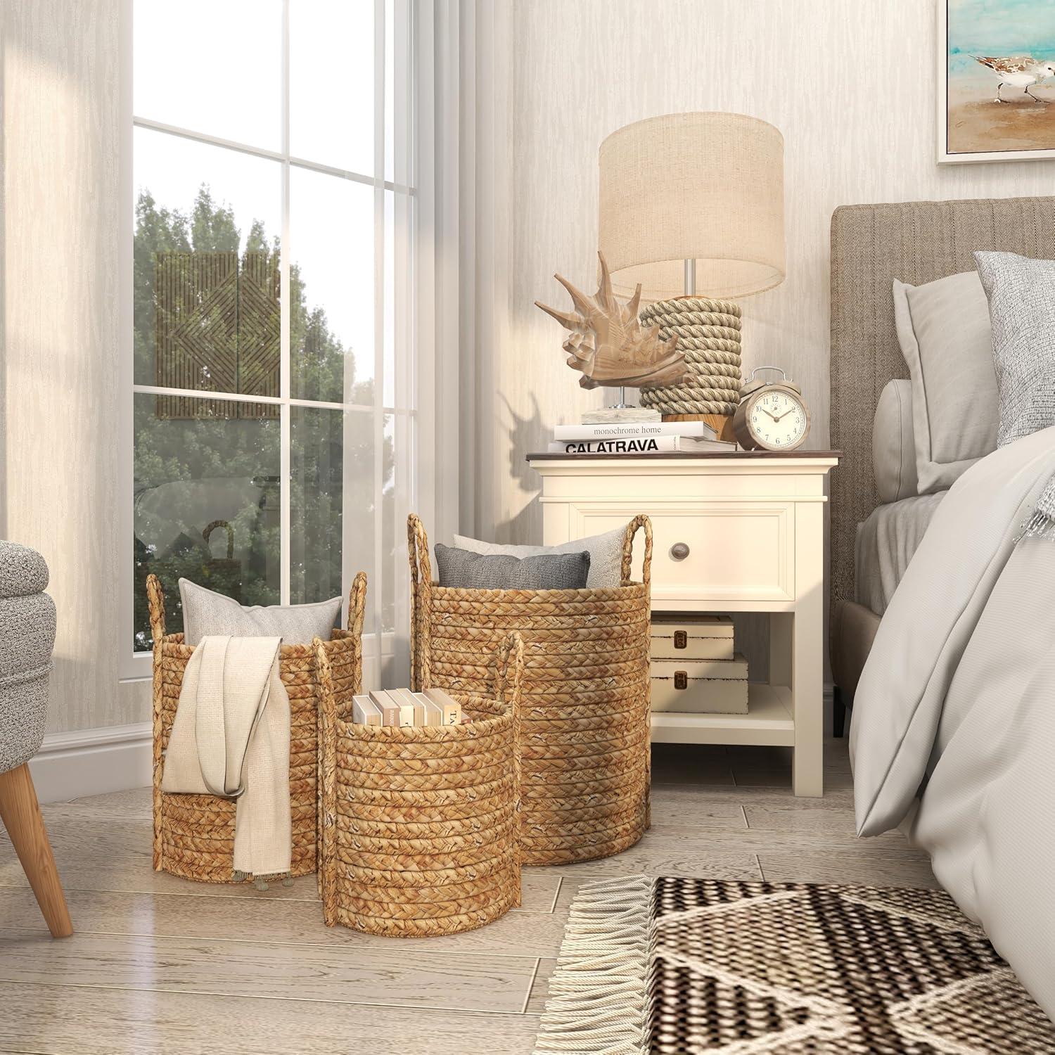 Set of 3 Seagrass Wicker Basket Planters with Handles Natural - Olivia & May: Indoor/Outdoor, 20" Size