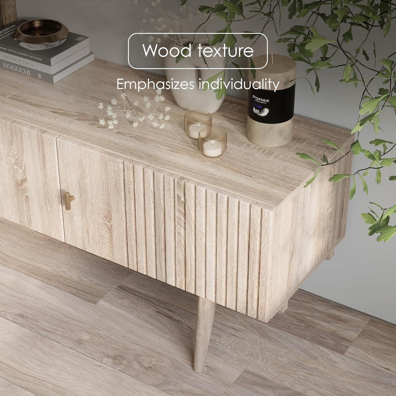 Living Skog  Chelsea Brown TV Stand Fits for TV's up to 65 in. with Slatted Design and Wood Legs Beige Matte Laminate, MDF