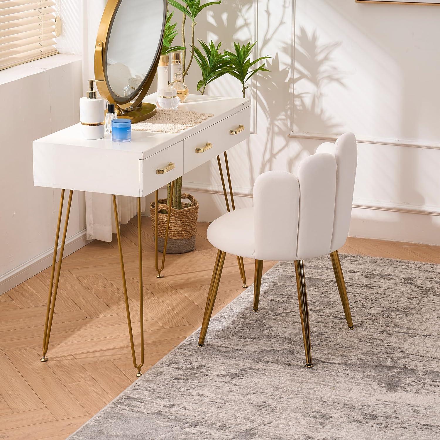 Vanity Chair with Back Makeup Chair for Makeup vanities Modern Cute Velvet armless Accent Chair with Gold Legs for Living Room/Bedroom/Kitchen (1, Ivory White)