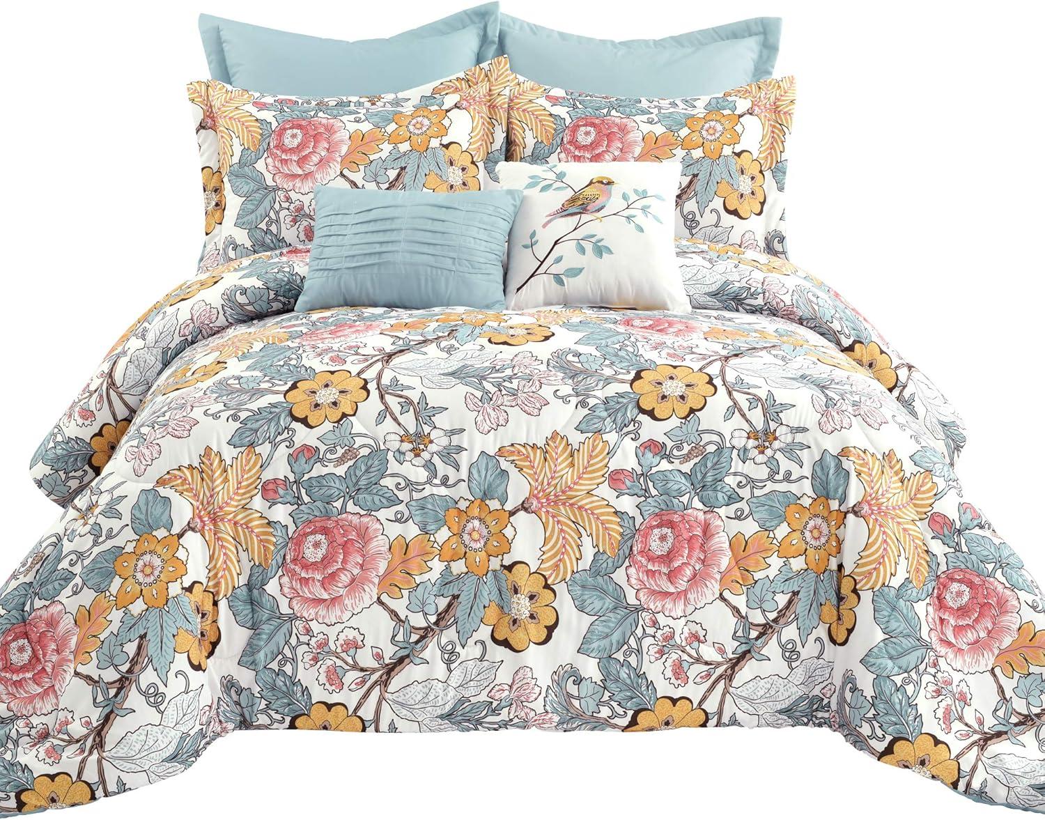 Full Blue Floral Microfiber Reversible Comforter Set