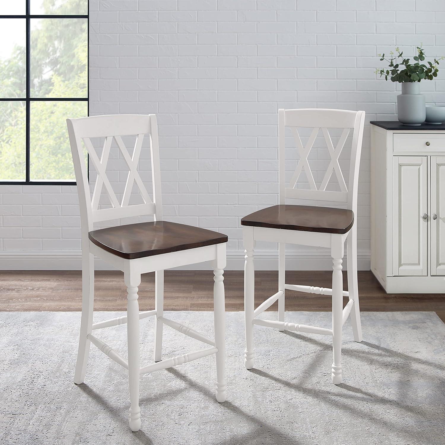 Set of 2 Shelby Counter Height Barstools Distressed White - Crosley: Rubberwood Frame, Non-Upholstered, Traditional Design