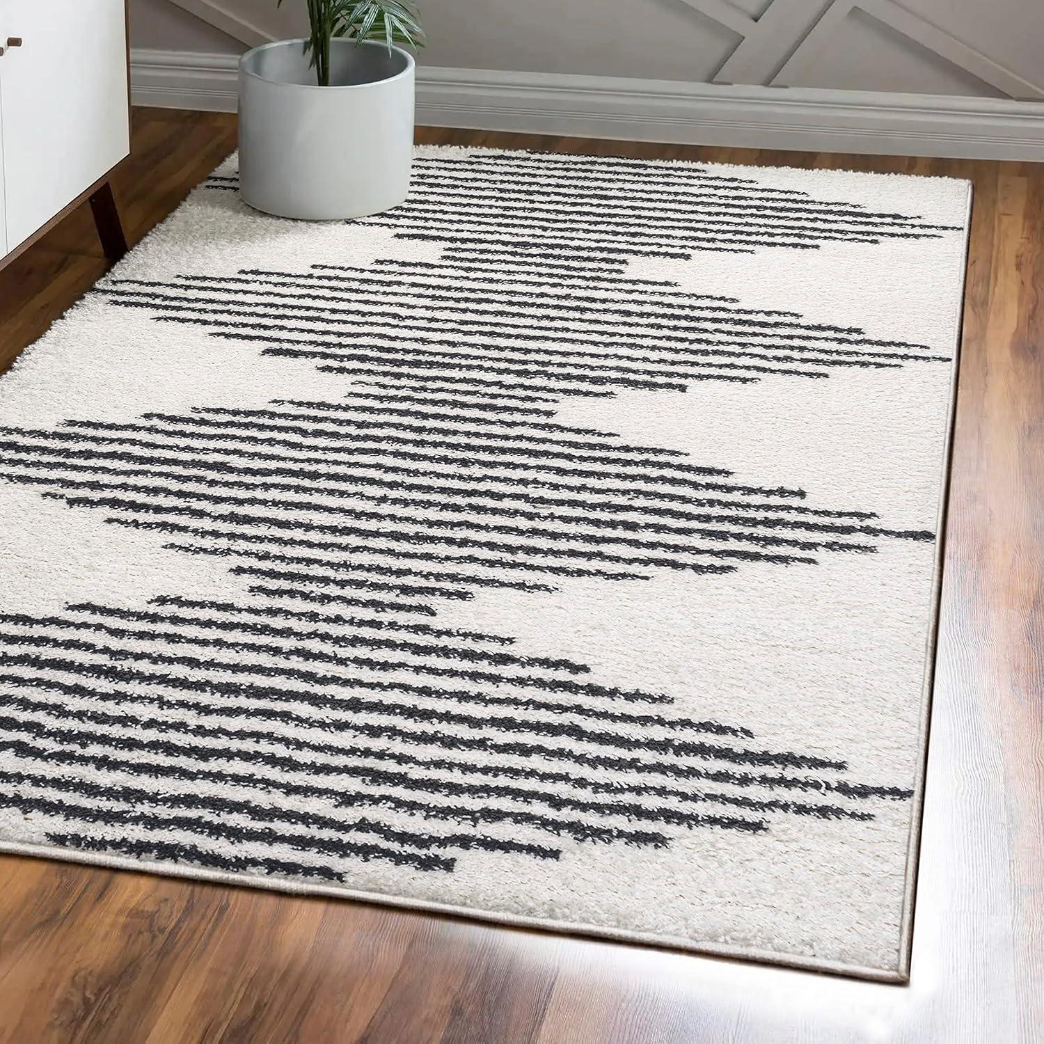 Moroccan-Inspired Mid-Century Black and Ivory Stripe Shag Rug 4' x 6'