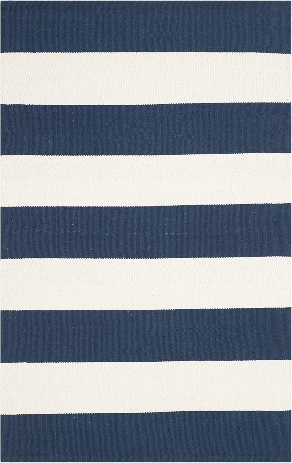 Handwoven Ivory and Navy Cotton Stripe Accent Rug - 2'3" x 5'