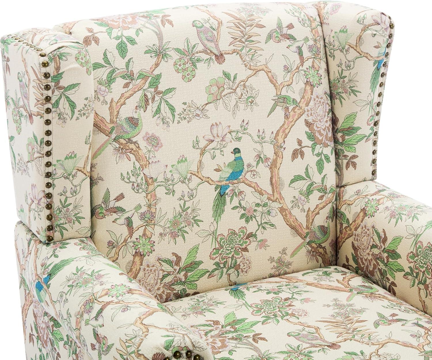 Bird Pattern Linen Upholstered High Back Accent Arm Chair with Nailhead Trim(Set of 2)