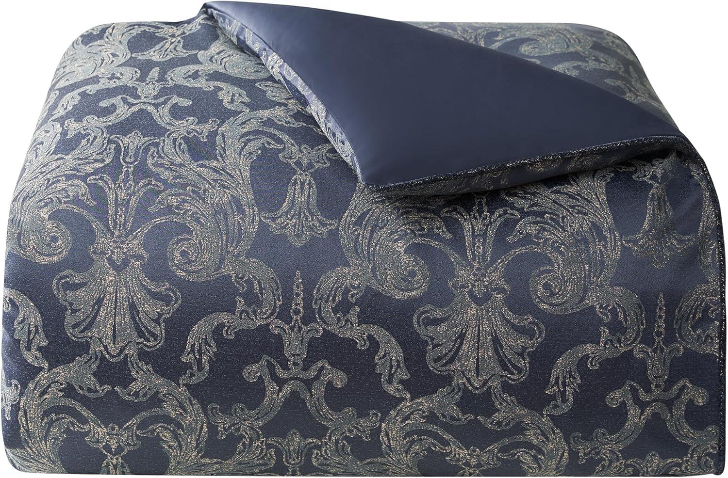 Navy and Gold Reversible Queen Bedspread Set with Tassels