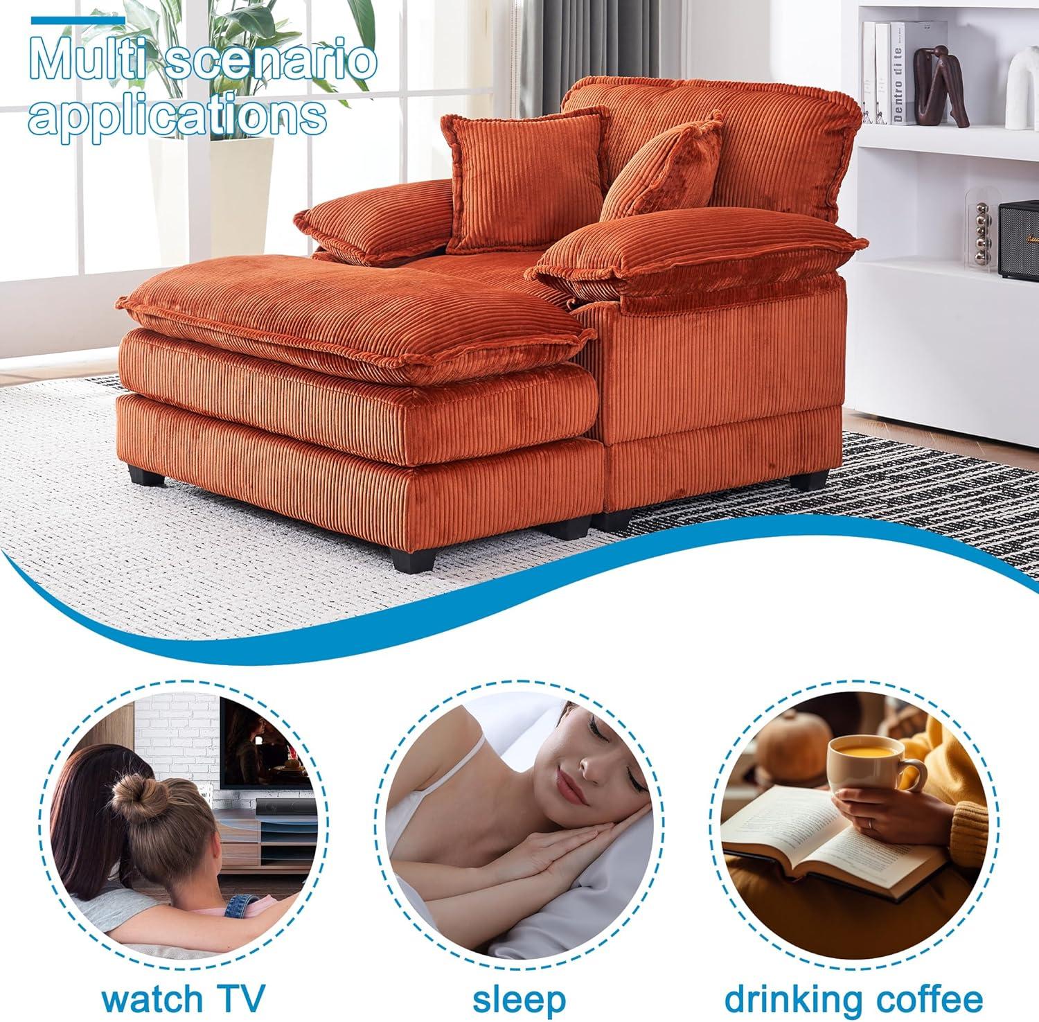 32 Inch Chaise Lounge Accent Chair with Storage, Comfy Chenille Upholstered Sleeper Chair Bed Modern Deep Seat Leisure Recliner Lounger Daybed w/Phone Holder and Side Pockets for Living Room Office