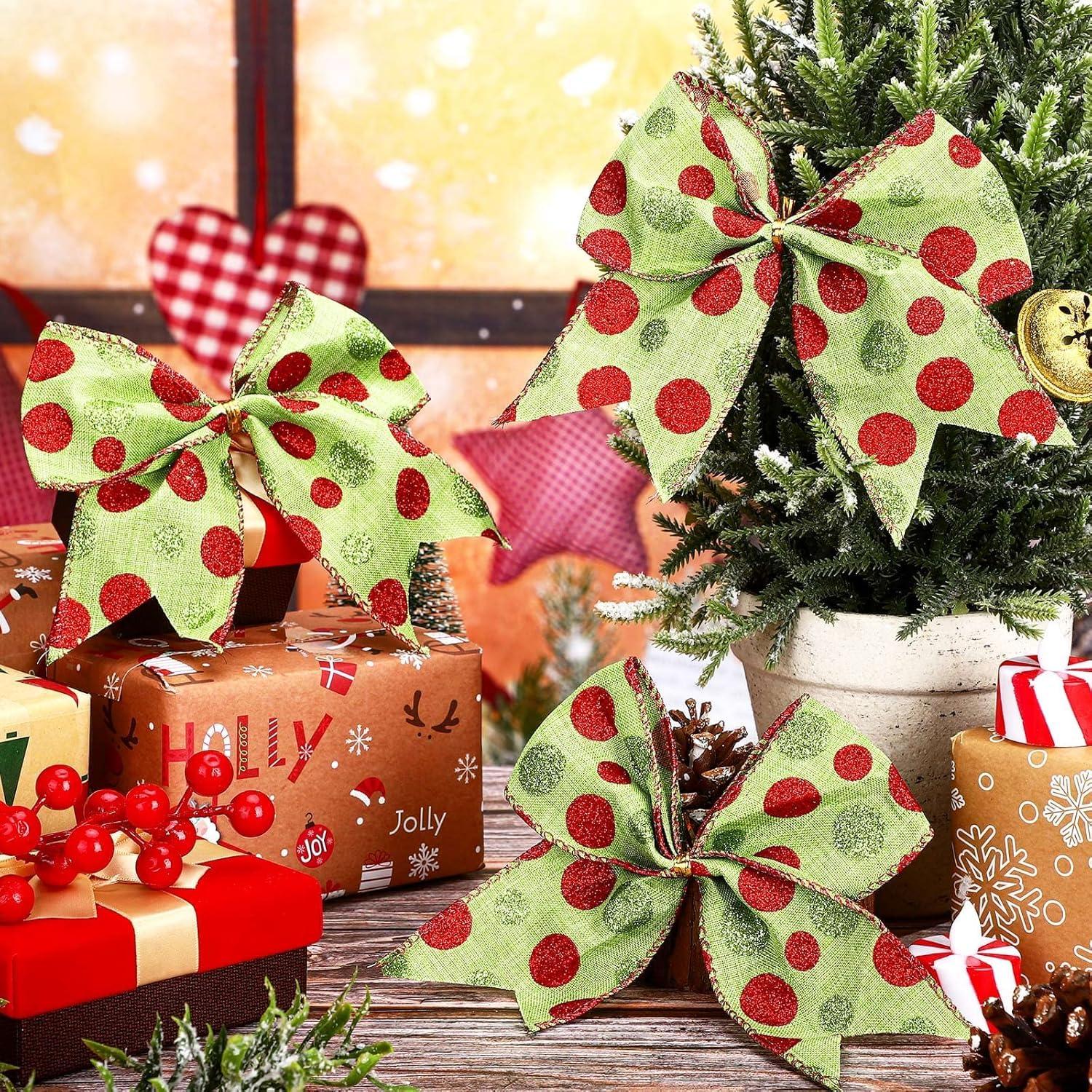 Sandistore Cute Cars 12pcs Christmas Tree Bows Ornaments 6 Inch Large Christmas Wreath Bows Red Green Xmas Tree Bows Christmas Glitter Dot Bows Ribbons Decoration For Garland Diamonds for Crafts