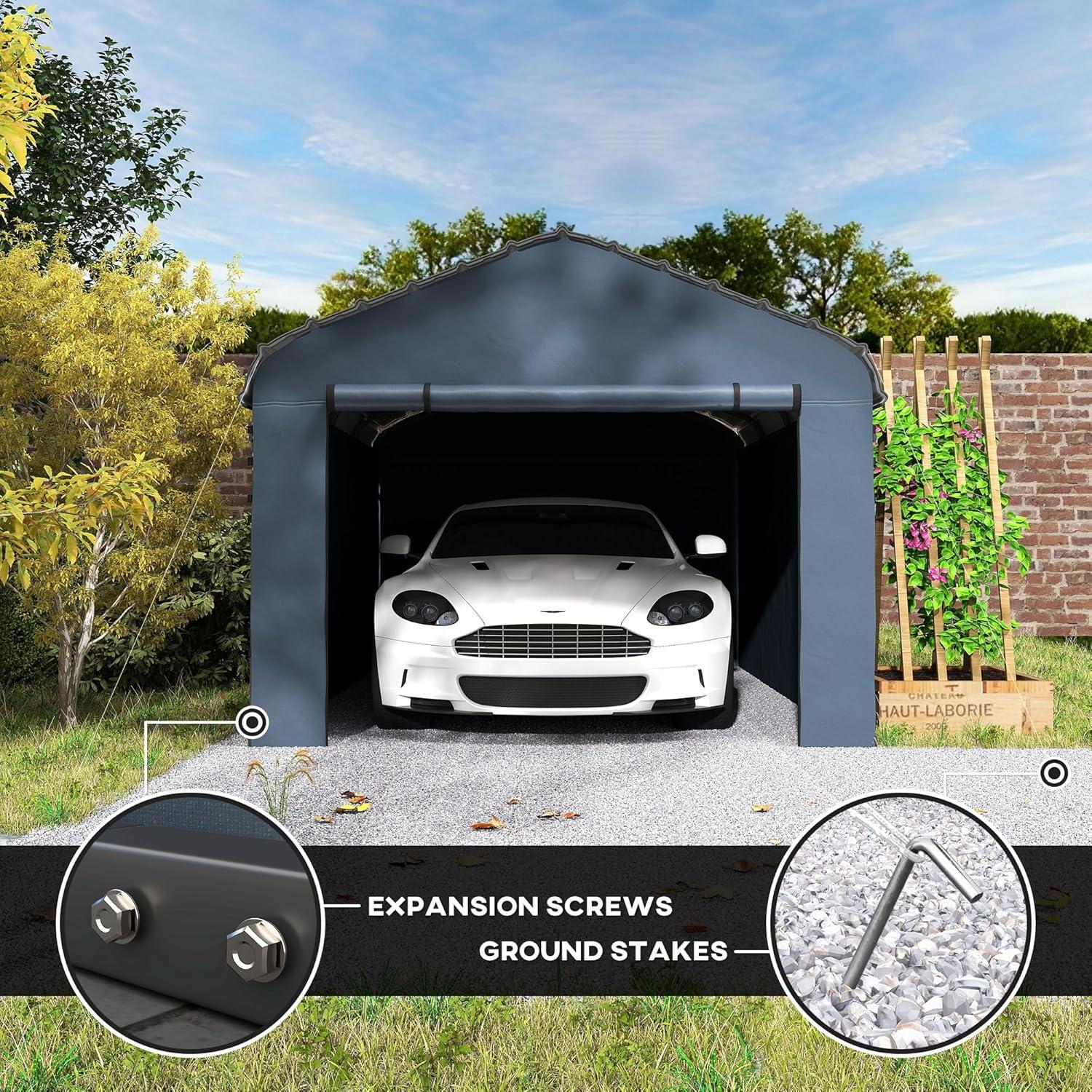 Outsunny 10' x 15' Heavy Duty Metal Carport, Waterproof Garage Car Canopy with Galvanized Metal Roof and Removable Sidewalls, Dark Gray