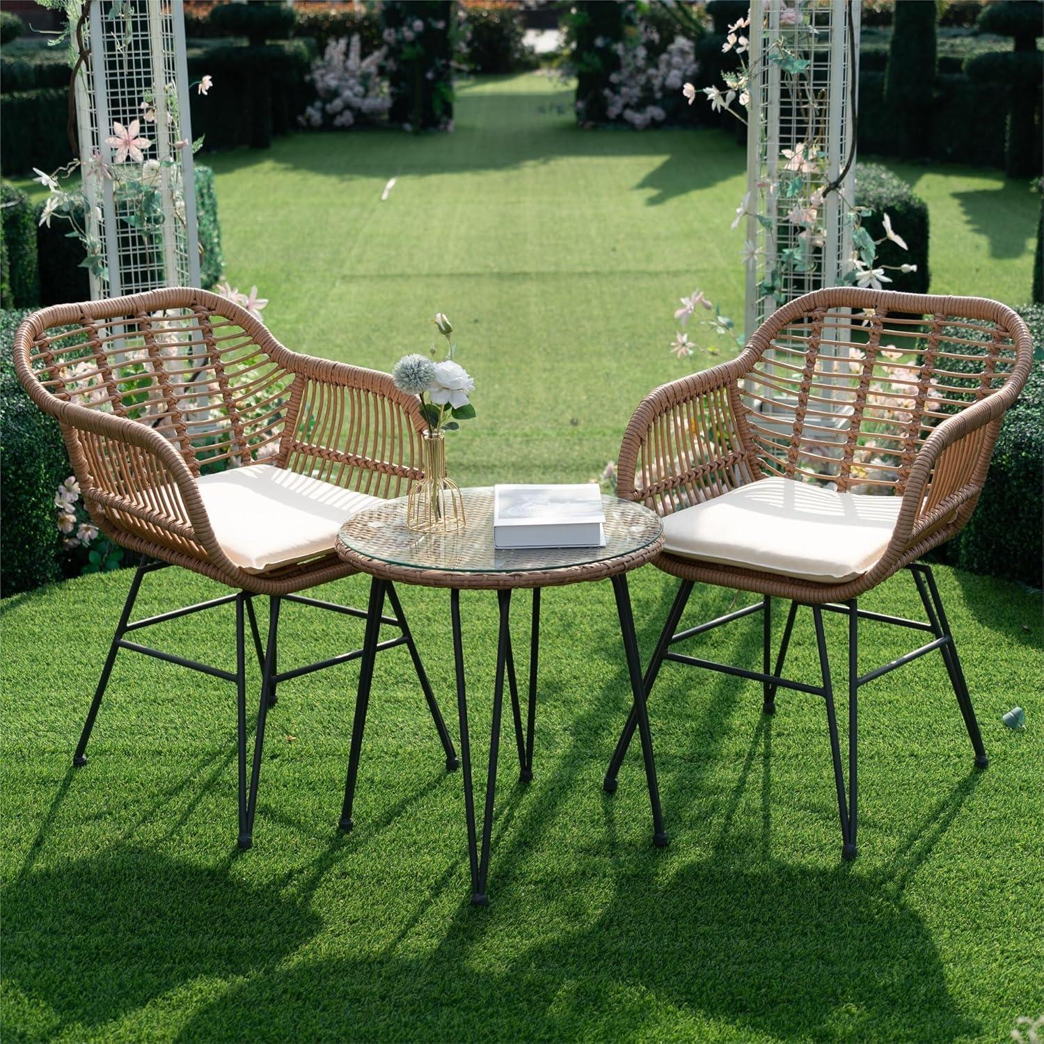 Black Steel and Wicker 3-Piece Patio Bistro Set with Beige Cushions