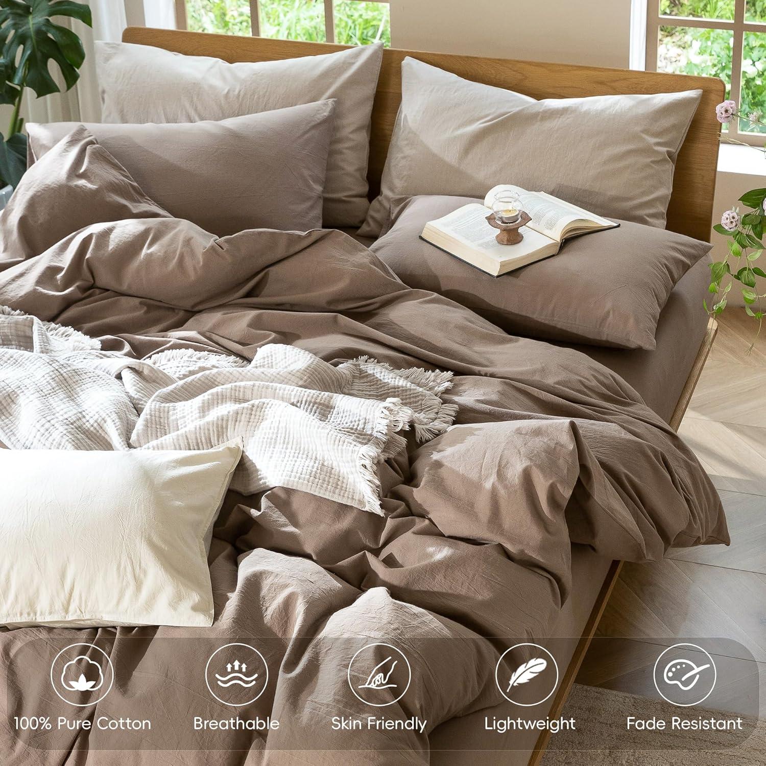 MooMee Washed Cotton Duvet Cover Set Linen Like Textured Breathable 3-Piece (Mocha Brown, Queen)