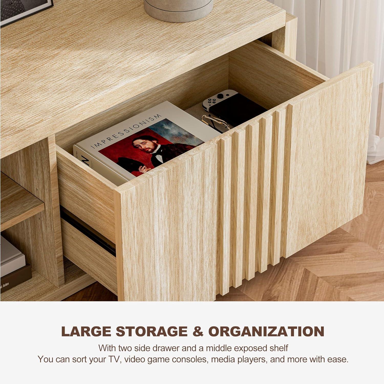 BELLEZE 70" TV Stand for TVs up to 75", Media Entertainment Center Console Table w/ Oversize Drawers & 2-Tier Open Shelves, Wood Storage Cabinet for Living Room, 15"D x 70"W x 16"H-Mint(White Lotus)