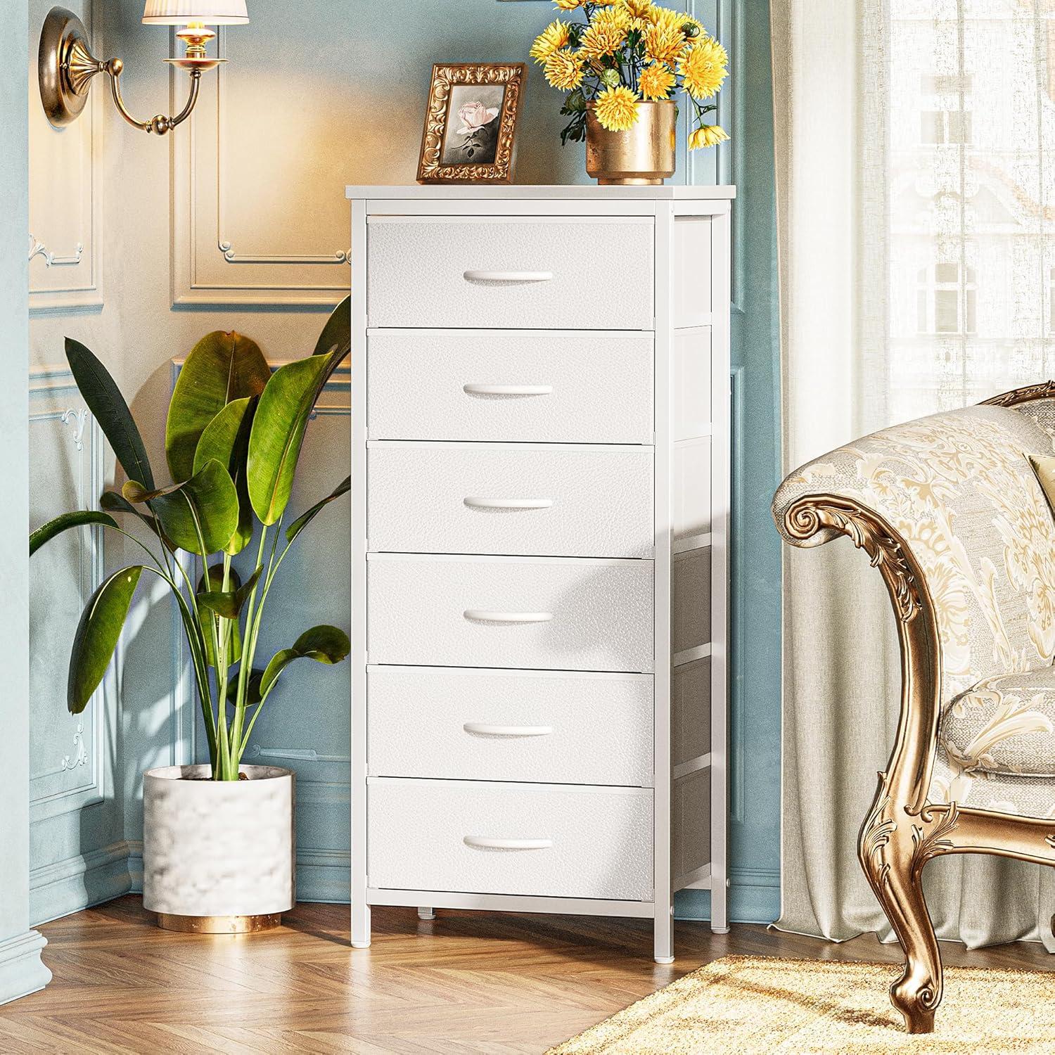 White Tall 6-Drawer Fabric Dresser with Metal Frame