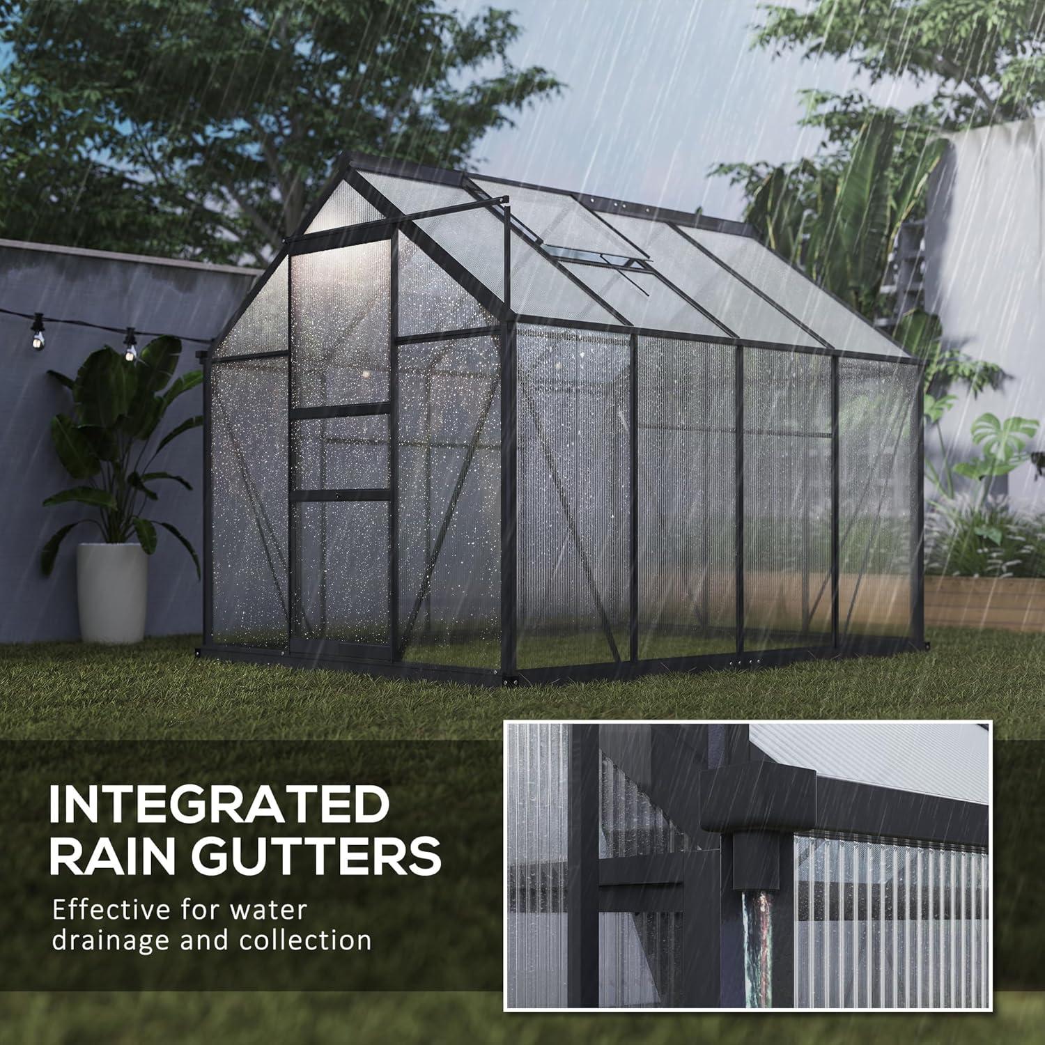 Outsunny 6' x 8' Greenhouse for Outdoors, Polycarbonate Greenhouse with Rain Gutter and Roof Vent, Aluminum Walk-in Green Houses for Outside for Patio Backyard Garden, Gray