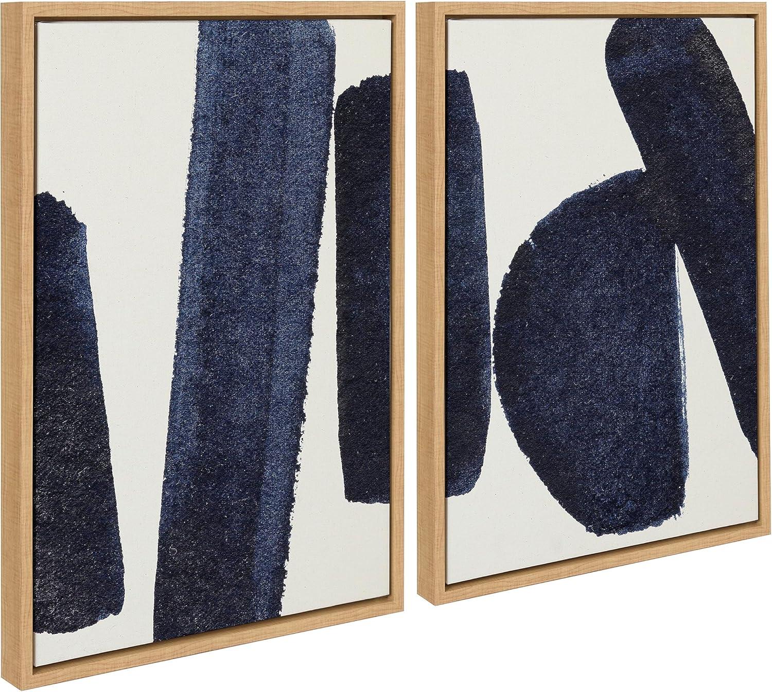 Navy Blue Abstract Brushstrokes Canvas Art Set with Natural Frame