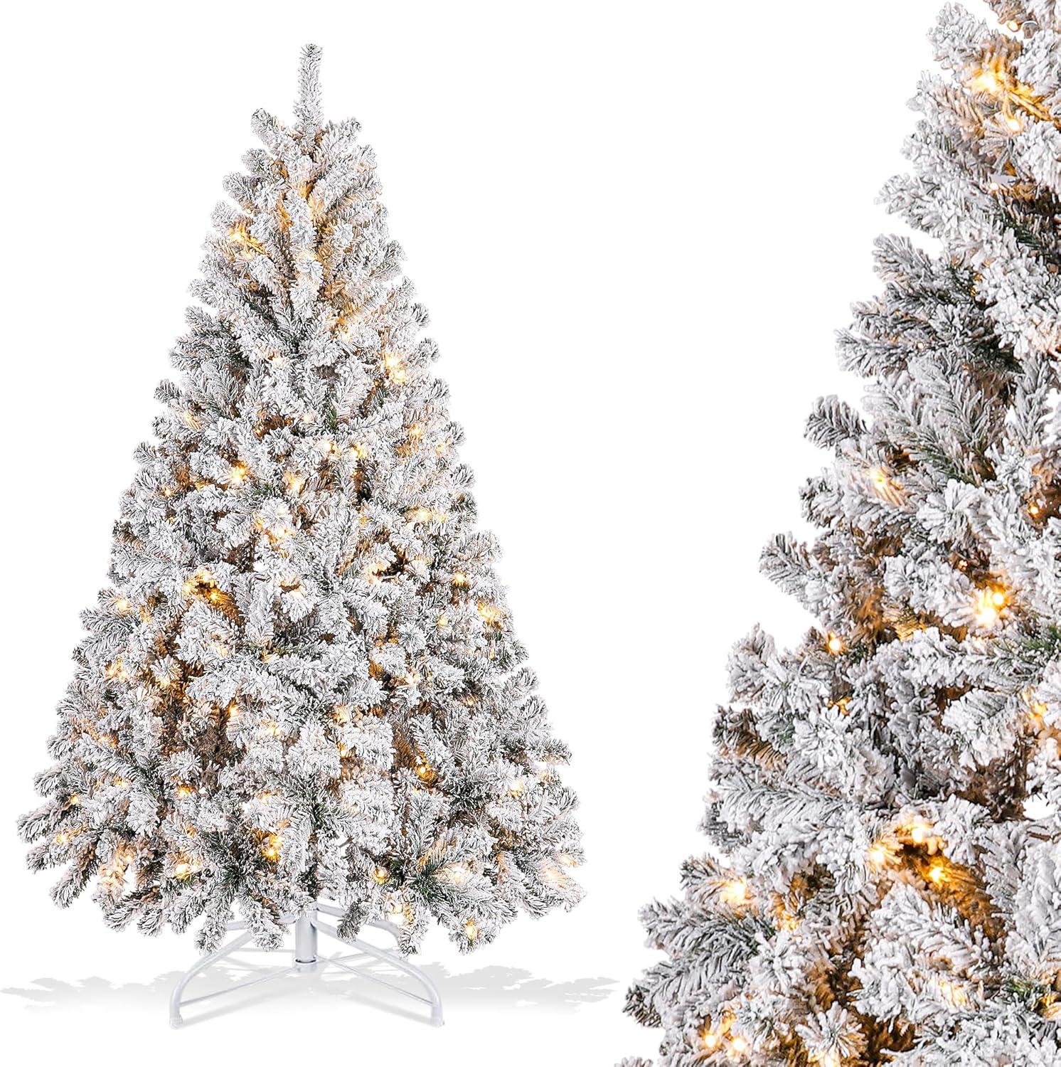 6ft Pre-Lit Snow Flocked Artificial Christmas Tree with LED Lights