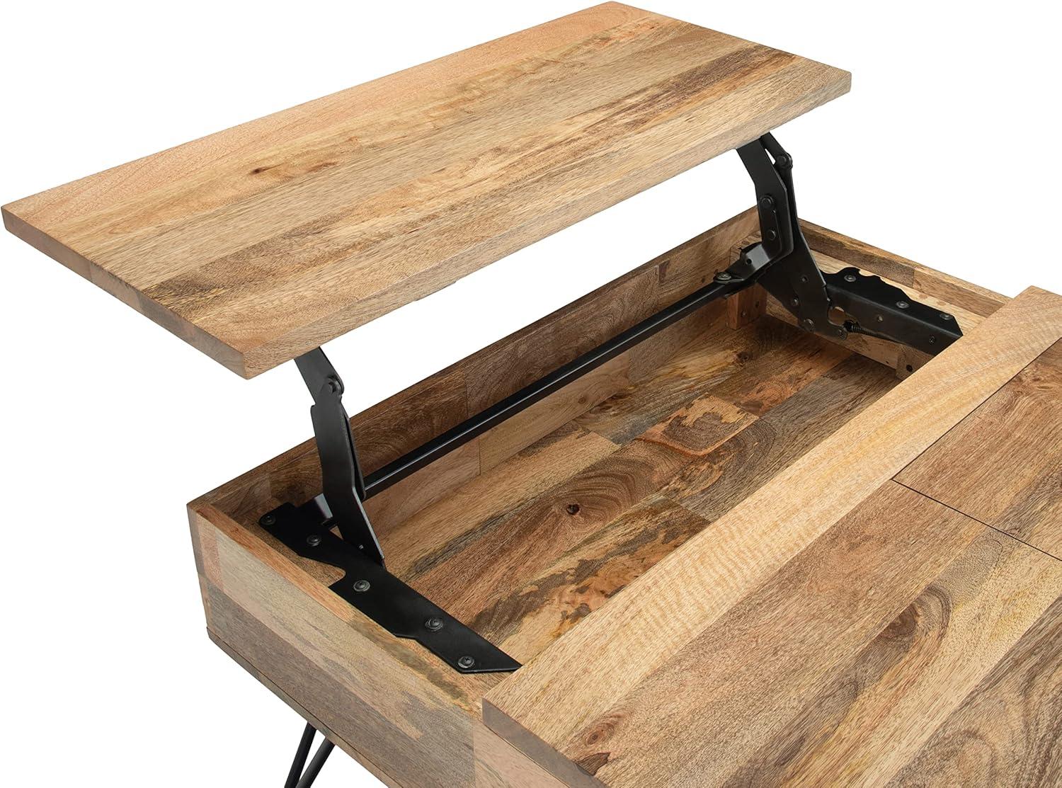 Simpli Home Hunter SOLID MANGO WOOD and Metal 32 inch Wide Square Industrial Lift Top Coffee Table in Natural