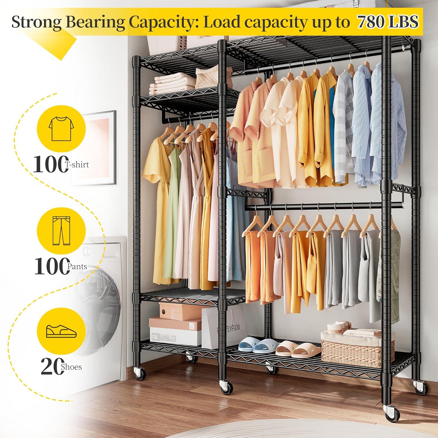 Clothes Rack Heavy Duty Clothing Rack Load 775LBS Clothing Racks for Hanging Clothes Adjustable Closet Rack Metal Wadrobe Closet Wire Garment Rack Clothes Rack 45.5" W x 77" H x 16.5" D Black