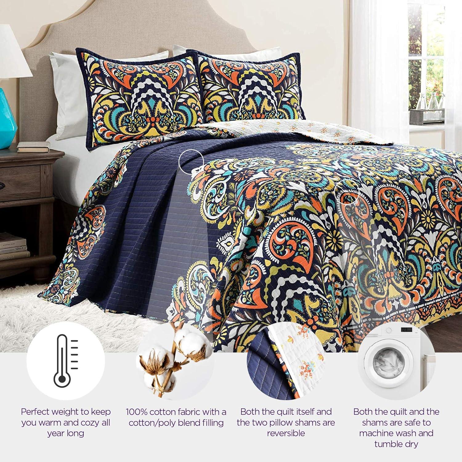 Navy Reversible Cotton Full Quilt Set with Paisley Damask Pattern