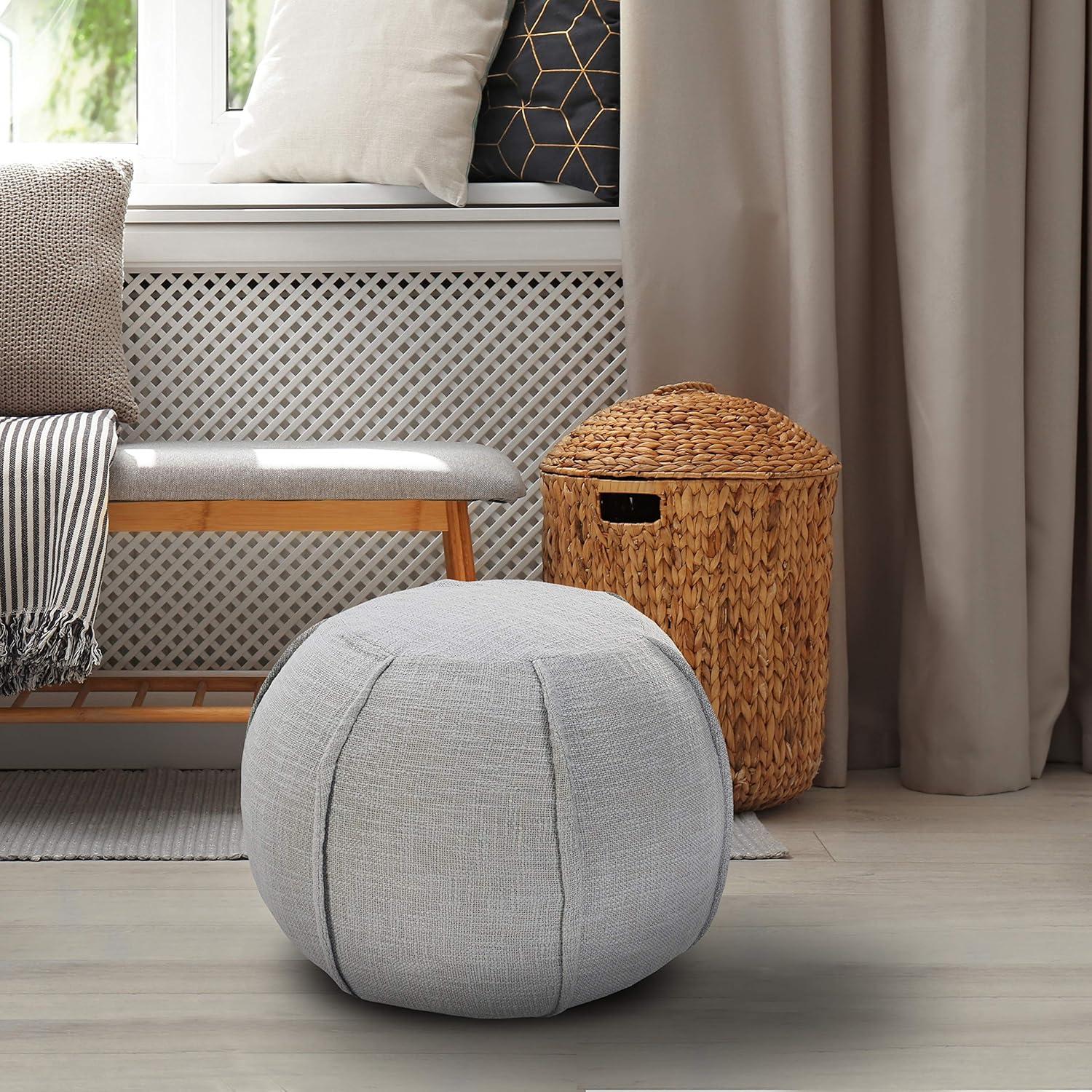 18-Inch Gray Cotton Round Pouf Ottoman