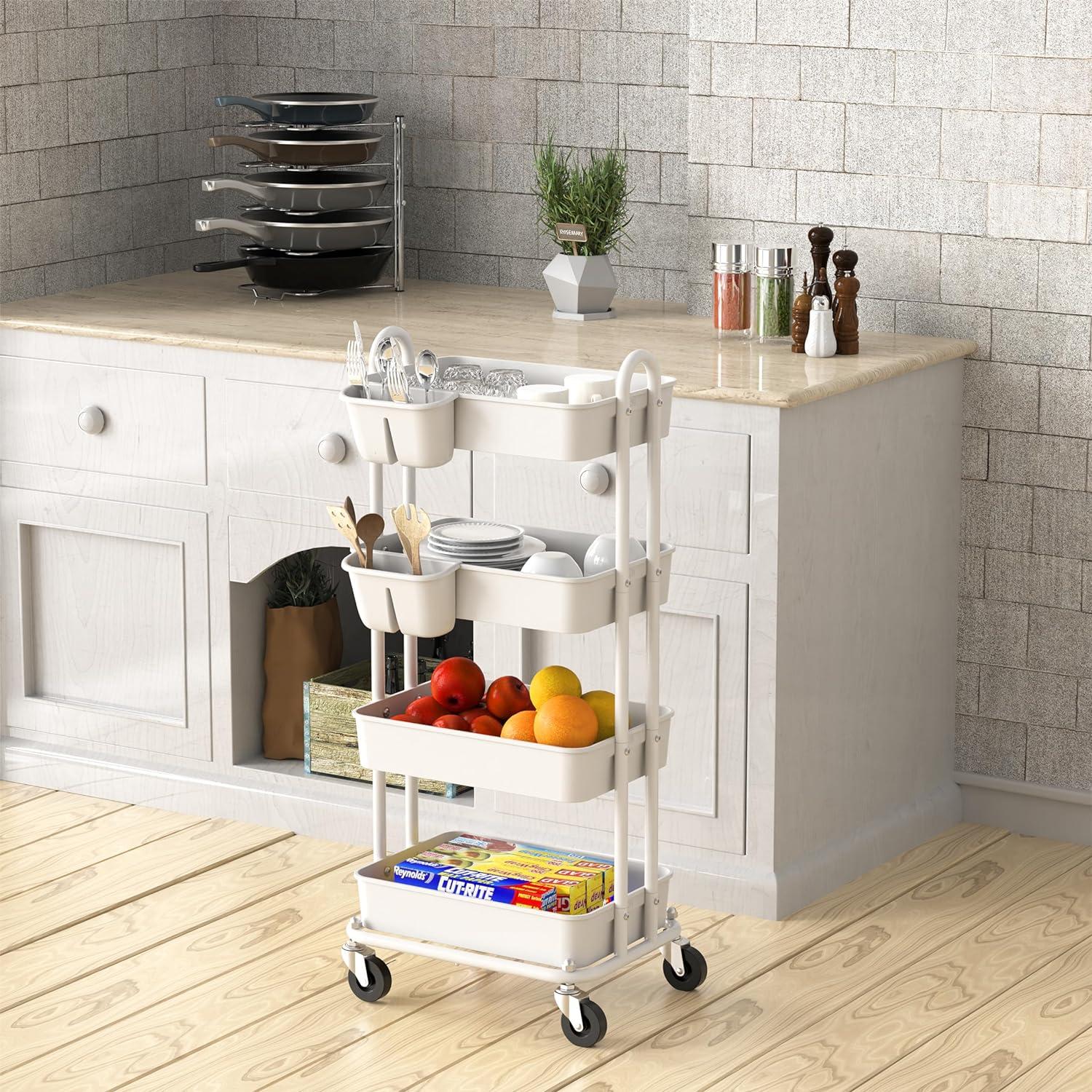 White Metal 4-Tier Utility Rolling Cart with Swivel Casters