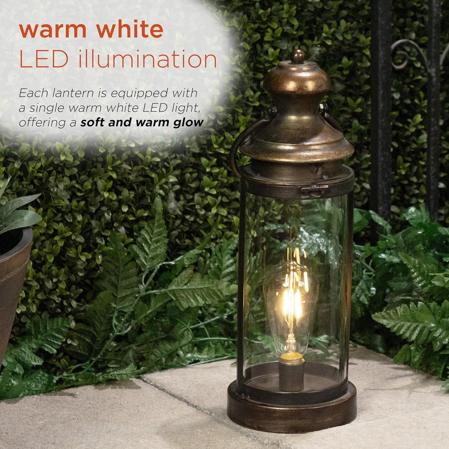 Gold Metal & Glass Lantern with Warm White LED Patio Light, Small