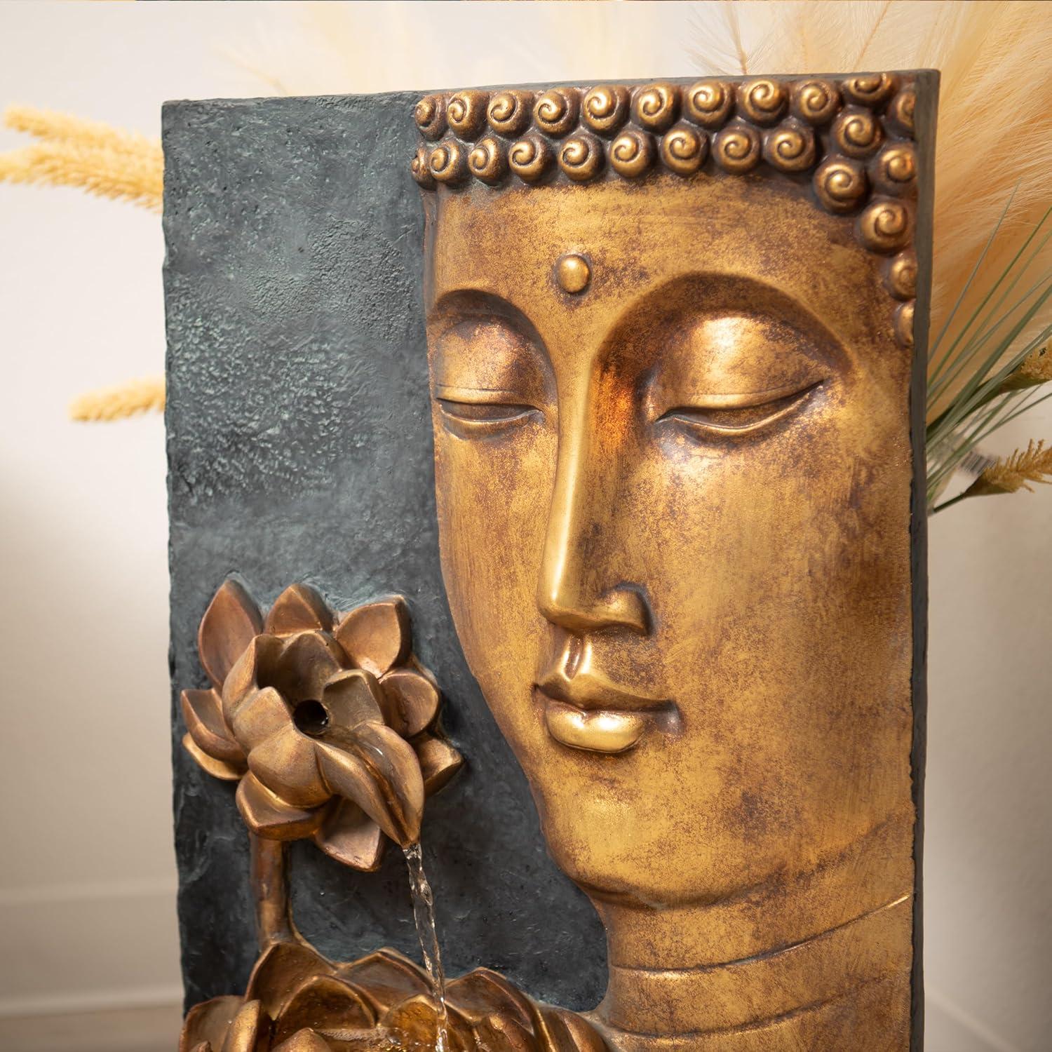 XBrand 30" H Zen Buddha Face Water Fountain w/ LED light & Pump, Indoor/Outdoor Freestanding, Relaxing Zen Décor, Bronze and Natural Grey Polyresin Fountain for Home Patio Garden Backyard