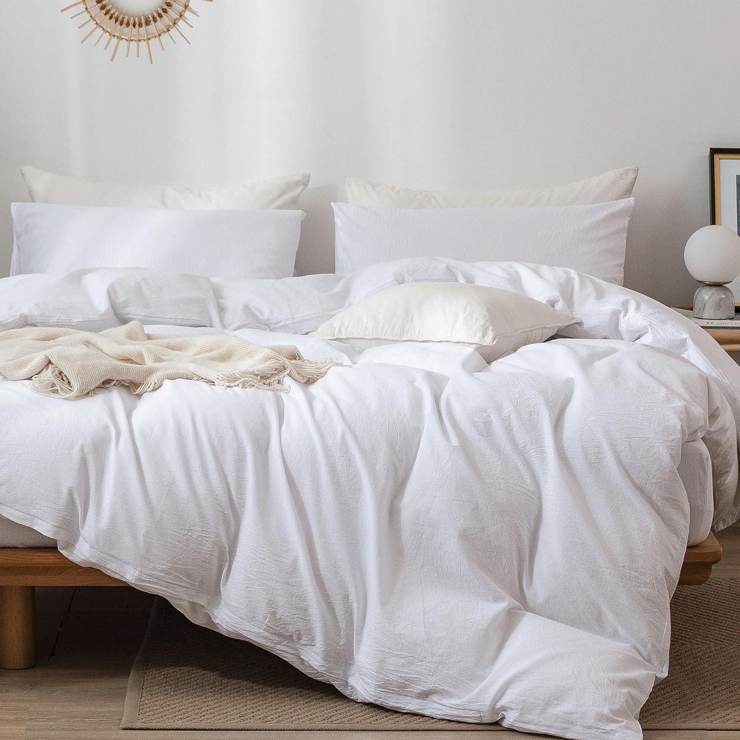 QUALITY FLOORING INC. Bedding Duvet Cover Set 100% Washed Cotton Linen Like Textured Breathable Durable Soft Comfy (Off White, King)