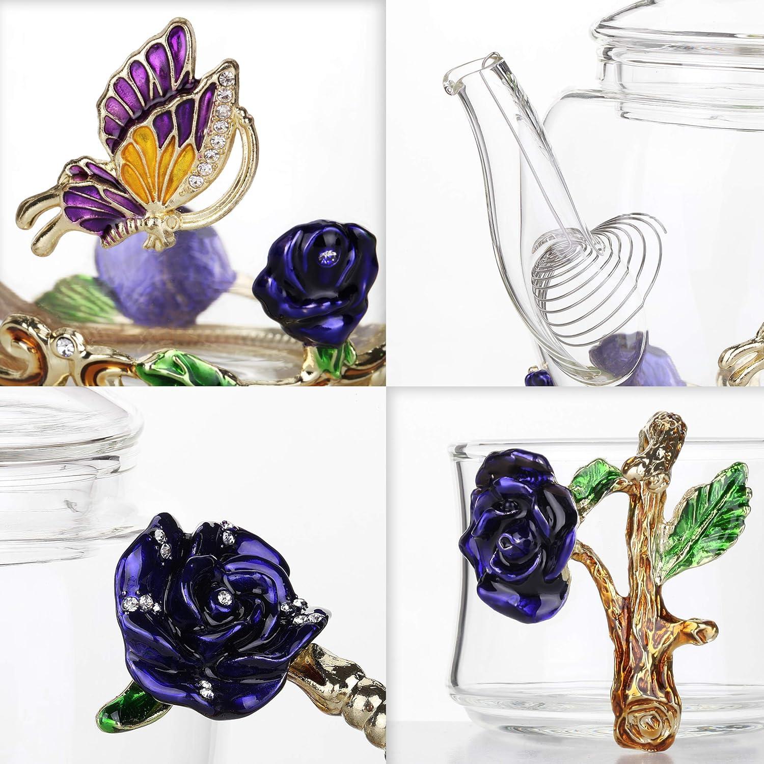 Elegant Floral Glass Tea Set with Butterfly and Rose Details