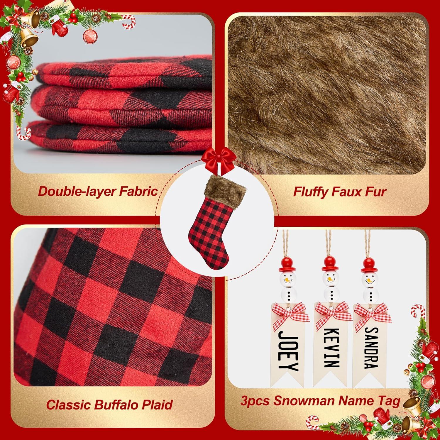 Chirstmas Stockings 3 Pack 18 Inch, Large Buffalo Plaid Xmas Stockings with Faux Fur Cuff, Country Rustic Holiday Indoor Decorations for Family
