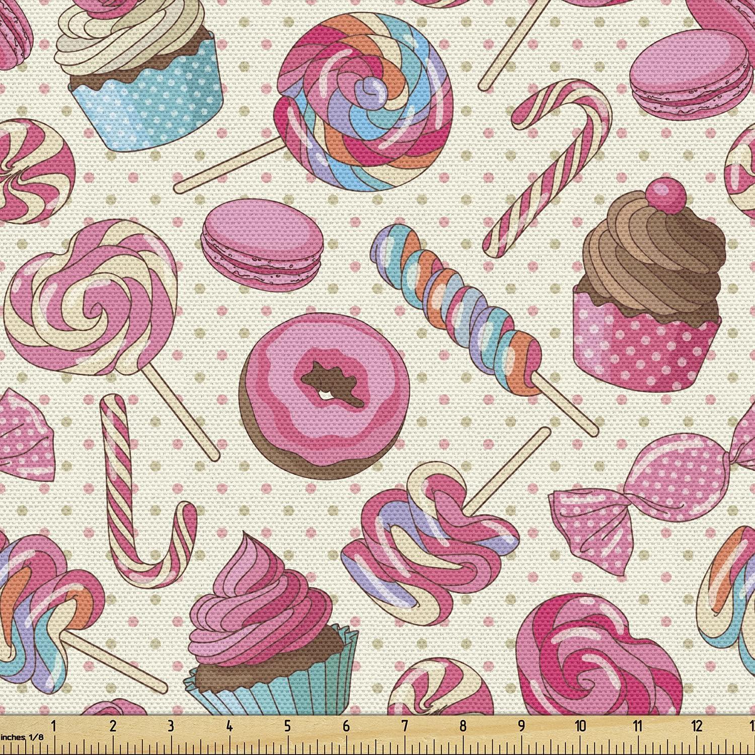 Ambesonne Candy Cane Fabric by the Yard Upholstery, Yummy Food on Dots, 1 Yard, Multicolor