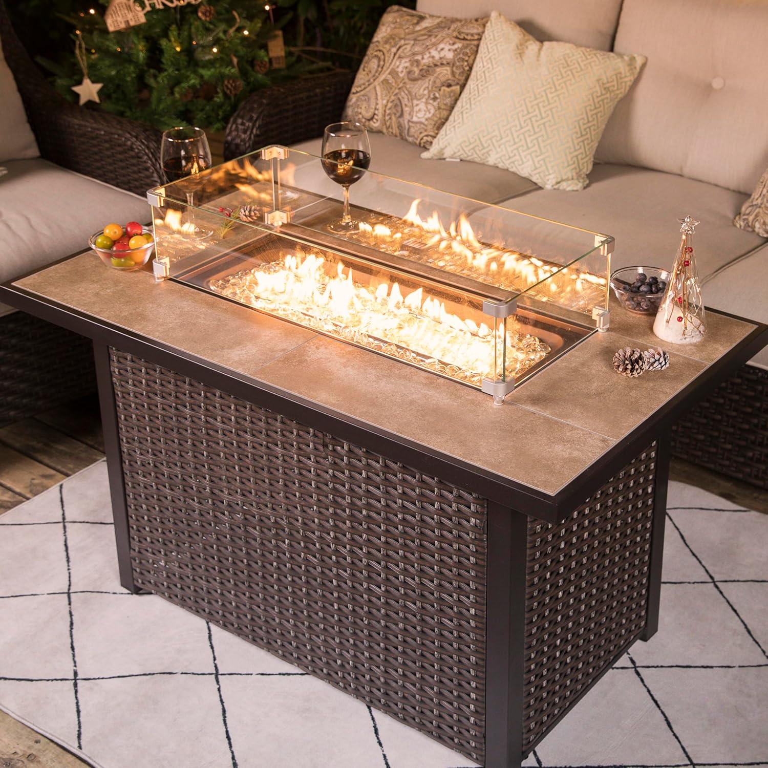 Nuu Garden 43’’ Outdoor Fire Pit Table 50,000 BTU Rattan Fire Pit with Lid and Glass Beads, Brown