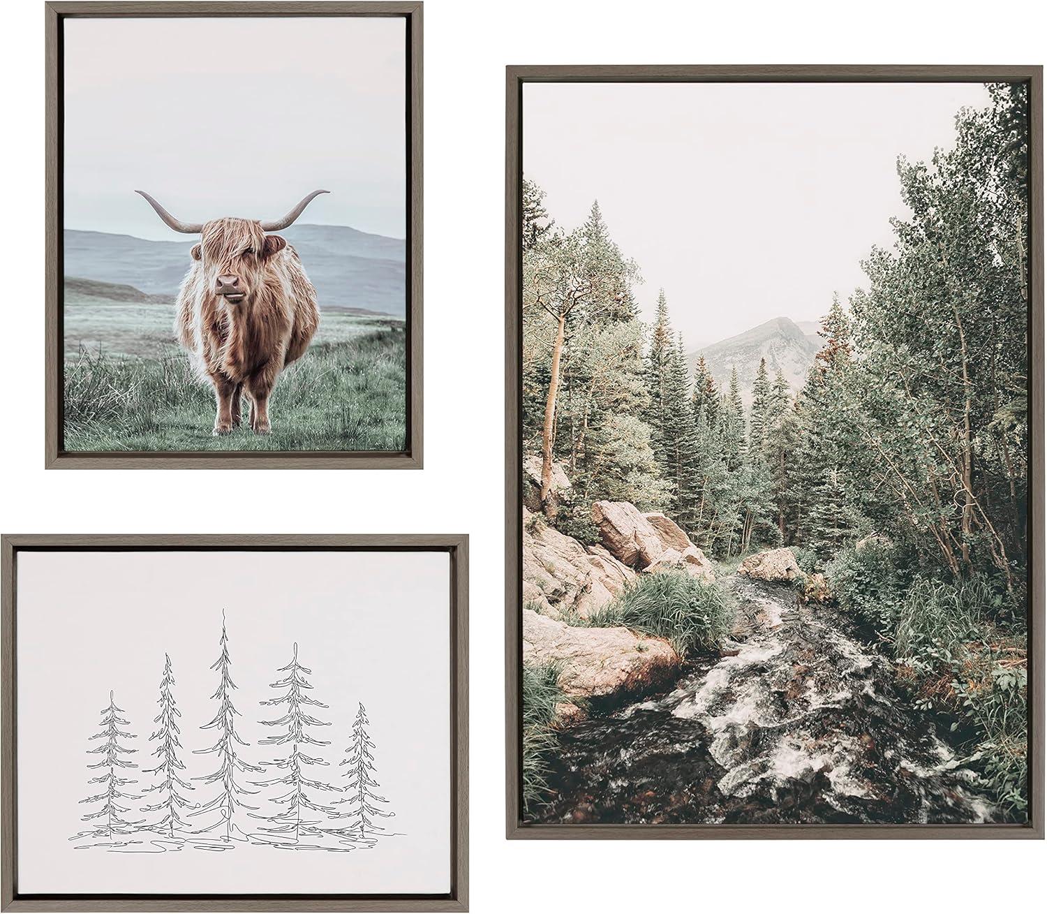 Highland Cow and Evergreen Trees Canvas Wall Art Set