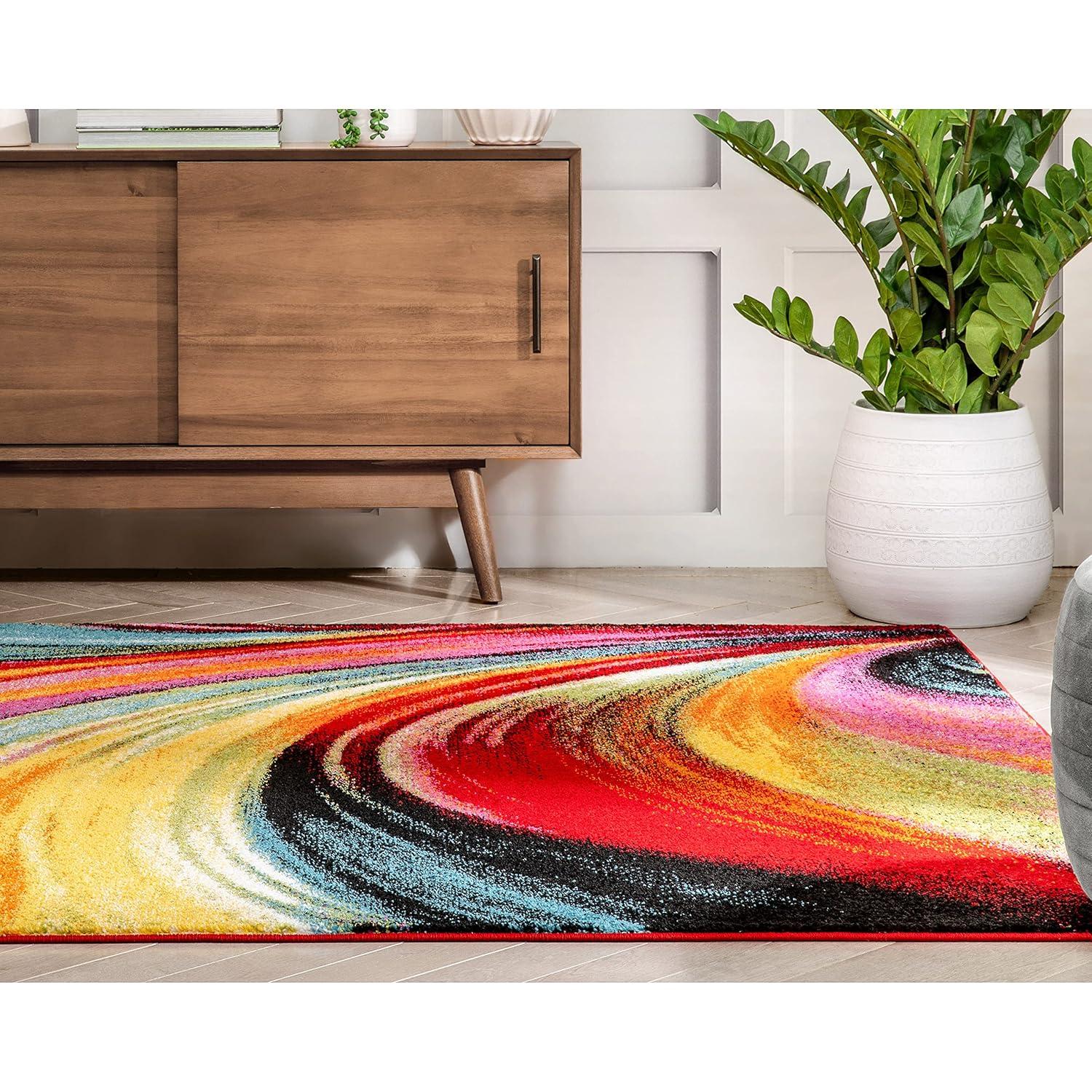 Well Woven Aurora Swirl Lines Modern Geometric Abstract Brush Stroke Painting Art Stripe 3'3" x 5' Multi Area Rug